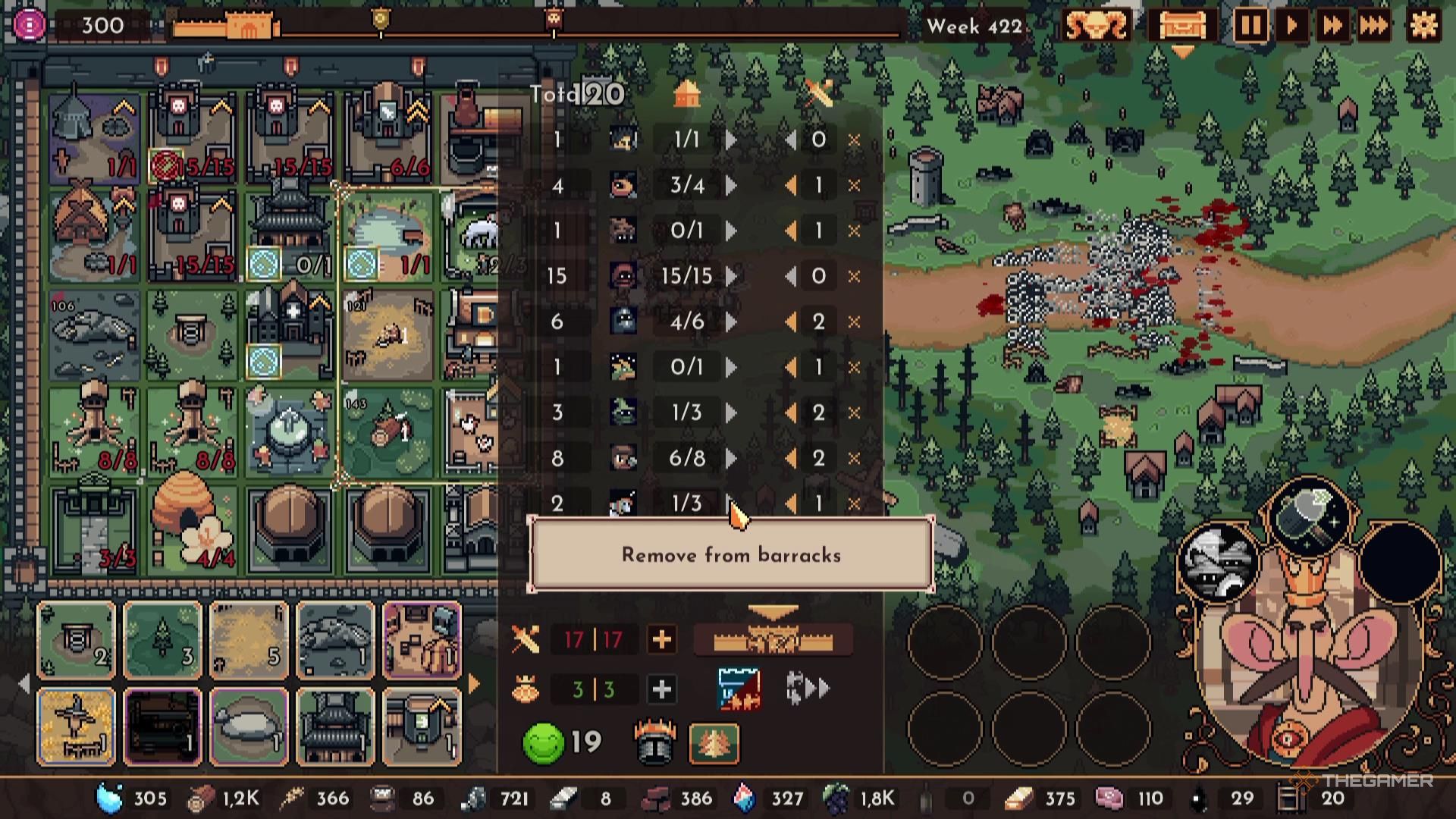 A list of troops in the barracks and on the field in The King Is Watching.