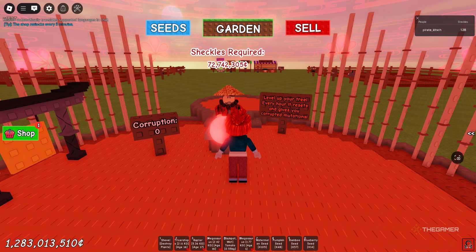 A player in front of the corrupt channeller in Grow a Garden.