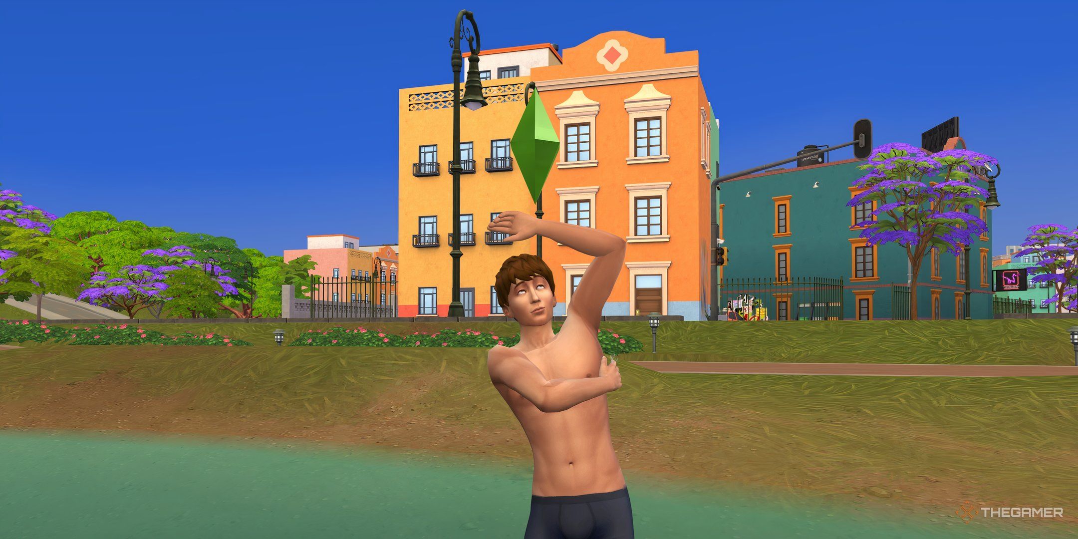 A Sim bathing in a pond in The Sims 4 Enchanted by Nature.-1