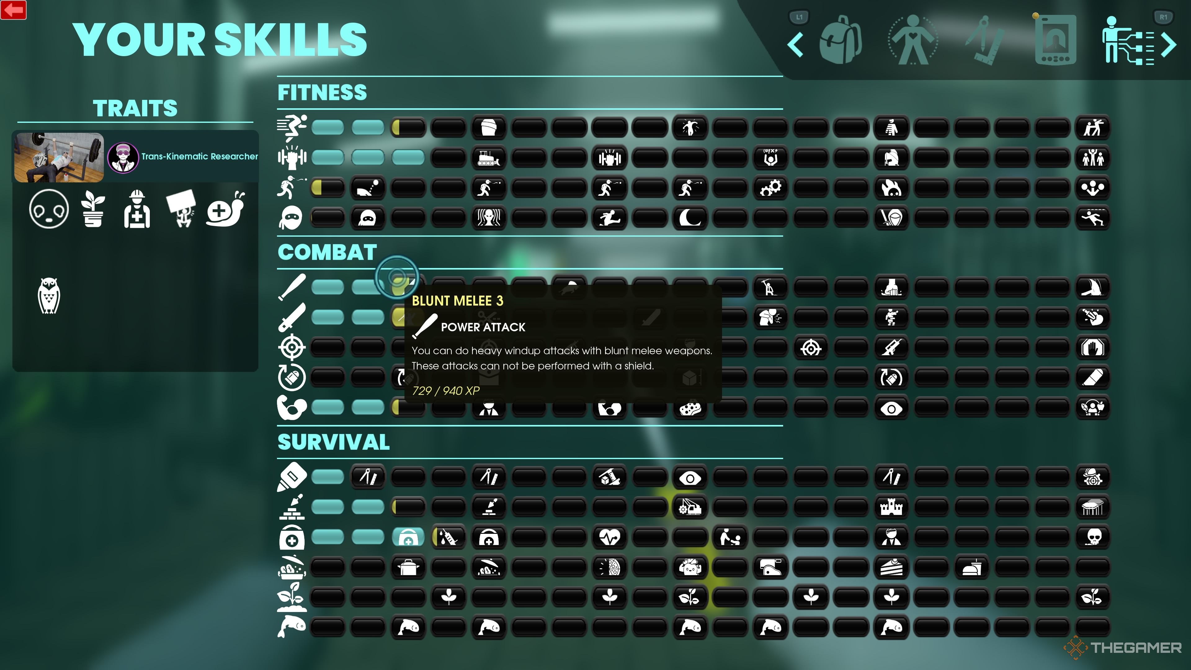 Menu tab for character abilities that show their current skill levels and their chosen characteristics in an abiotic factor.