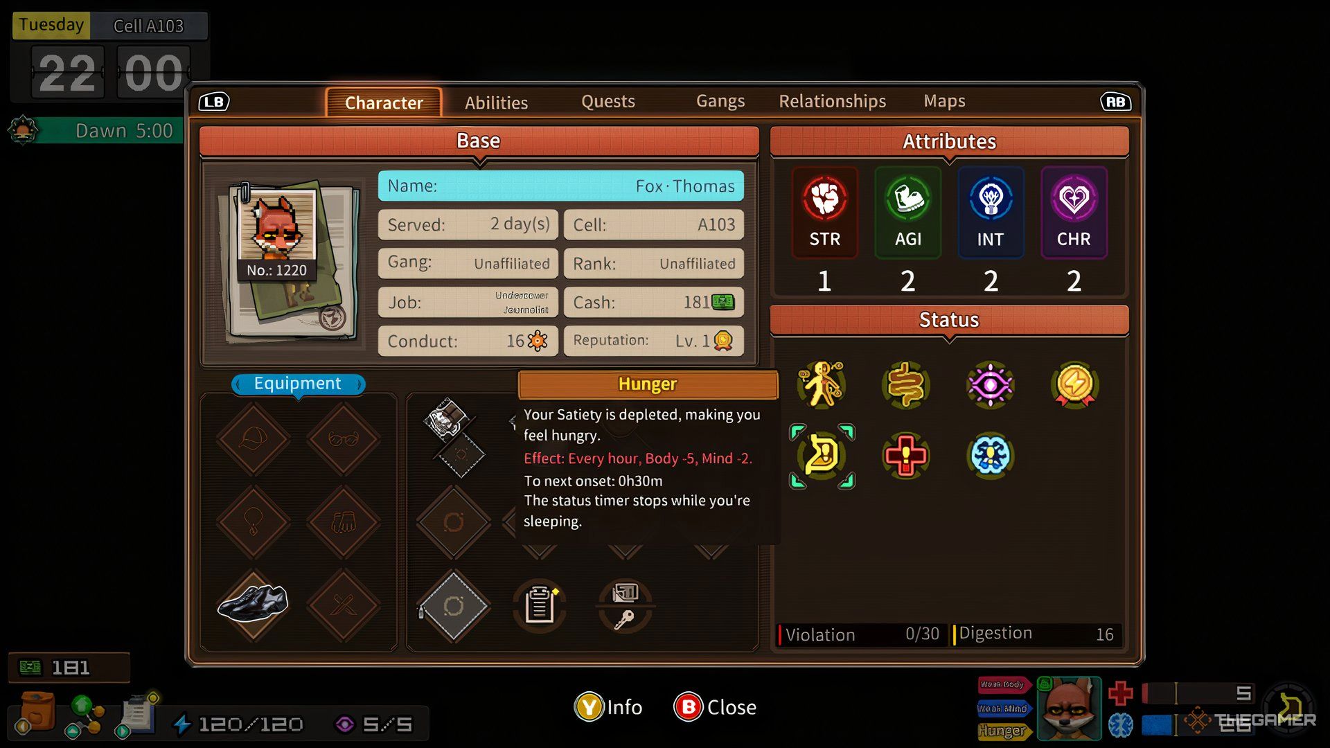 The character menu was highlighted in Dawn with hunger status.