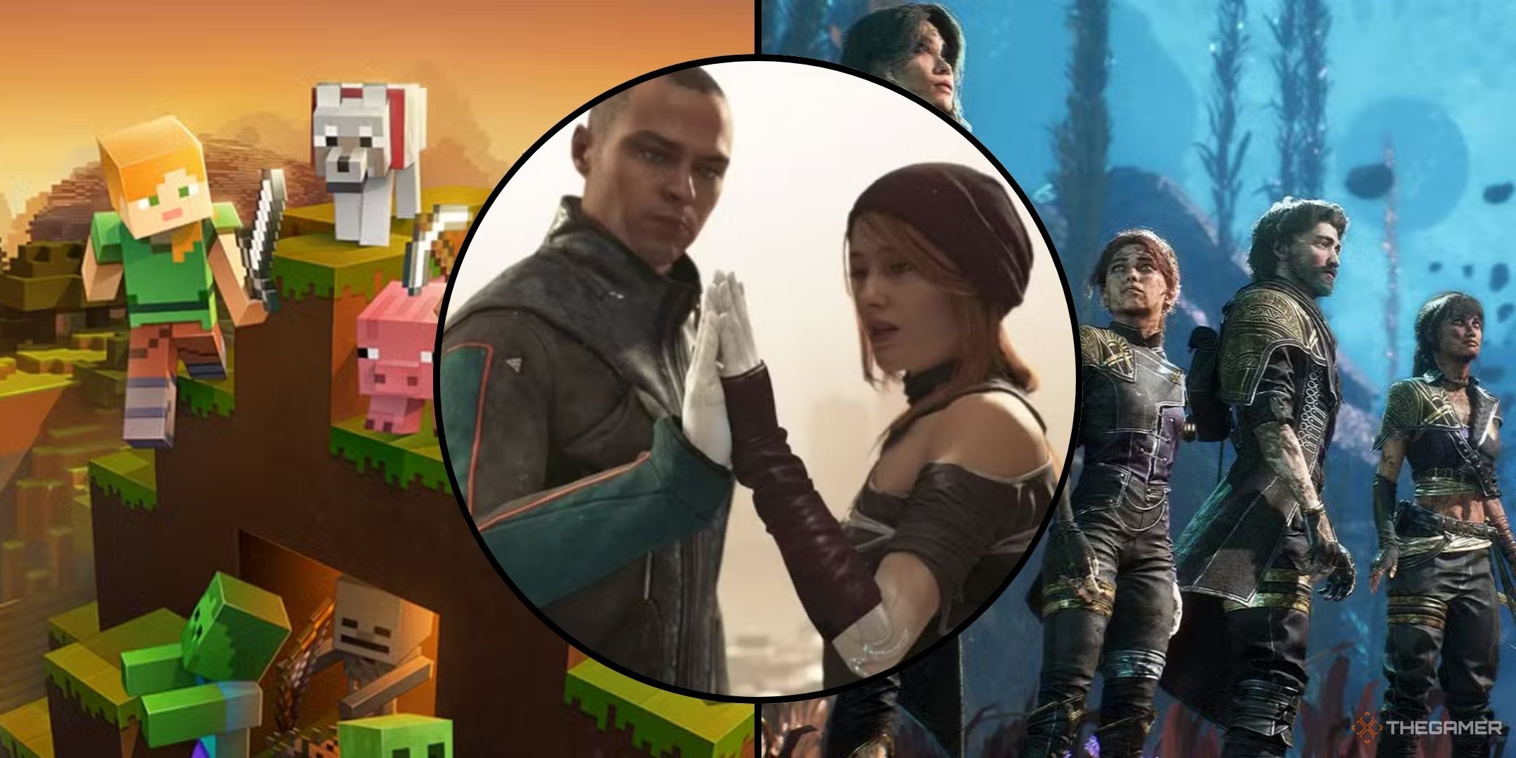 Background contains images of Minecraft and Expedition 33 with an image from Detroit Become Human in the middle.