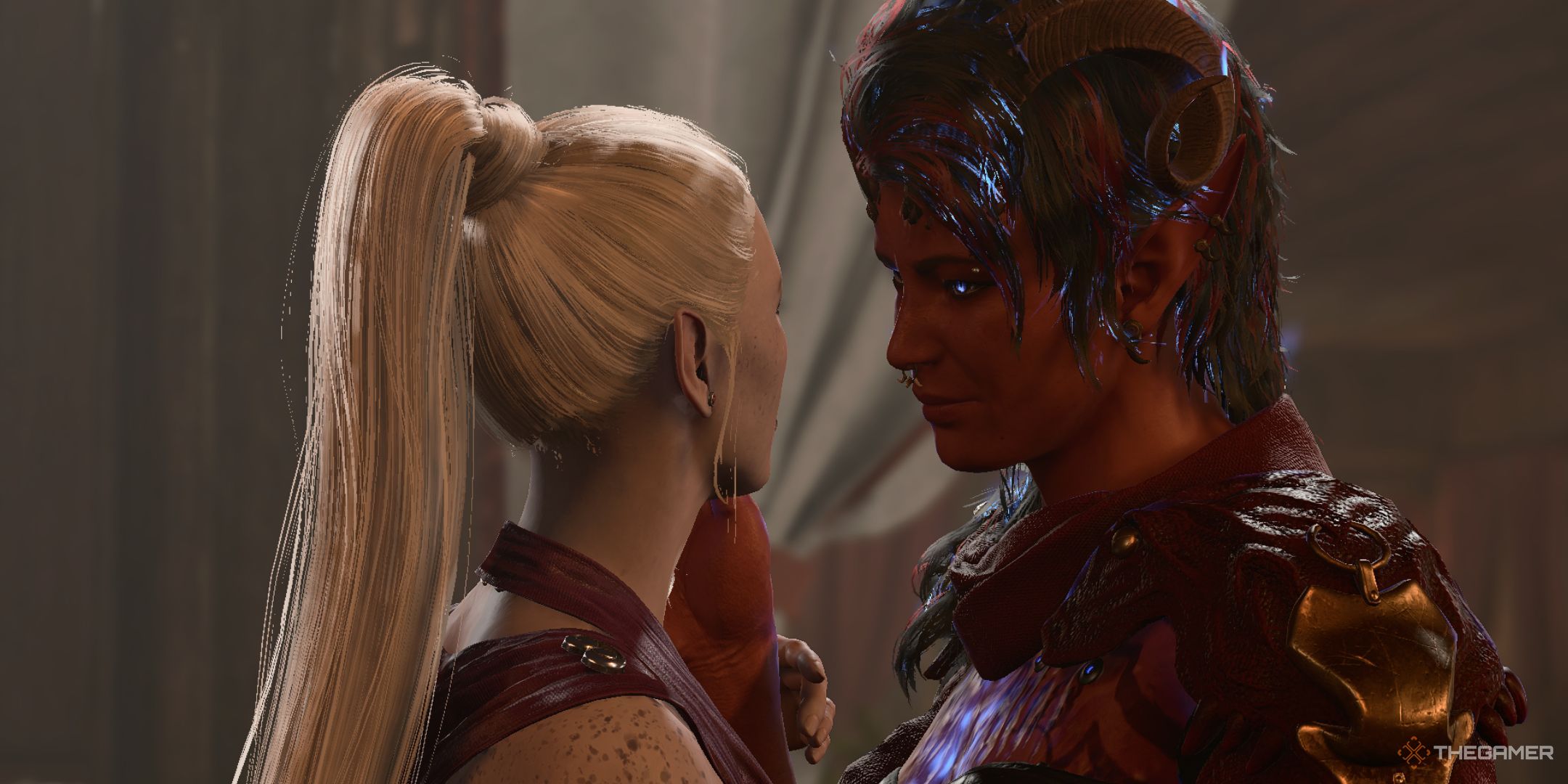 Karlach from Baldur's Gate cupping the cheek of the player character. Karlach is a red tiefling with a horn, and the player character is a purple drow with elven ears and long white hair.