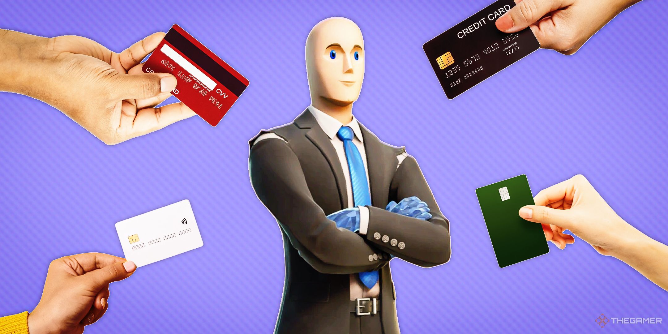 Hands holding businesses cards towards a Fortnite Diamond Hanz skin.