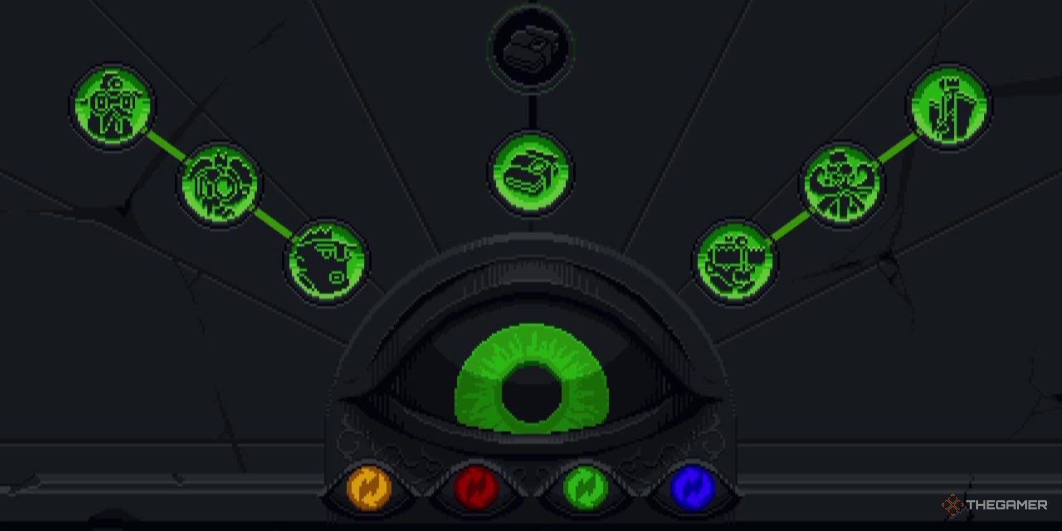 A green eyeball stares underneath a selection of Kings in The King Is Watching.