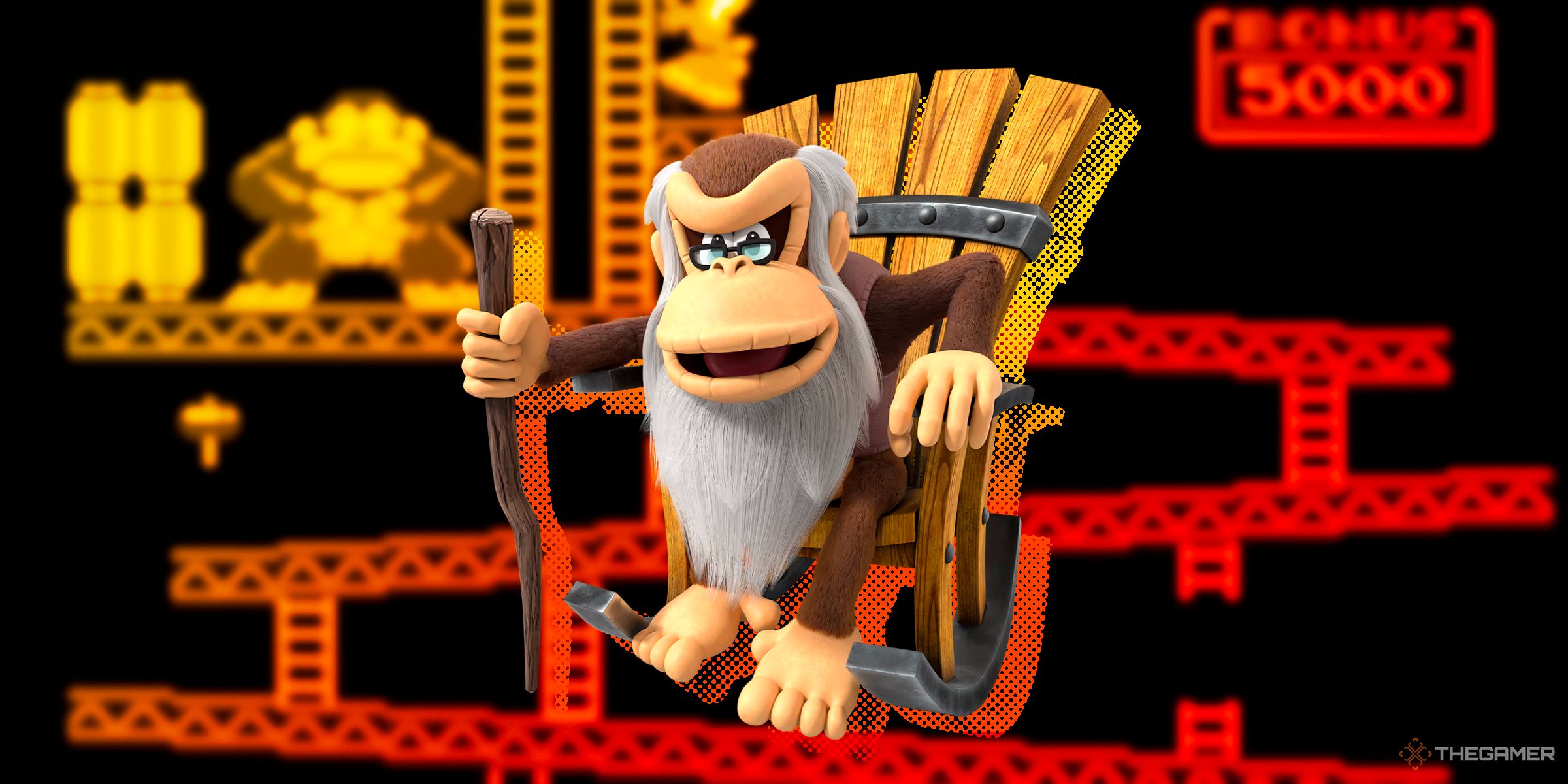 Cranky Kong sitting in a rocking chair in front of a image of the original Donkey Kong Arcade game.
