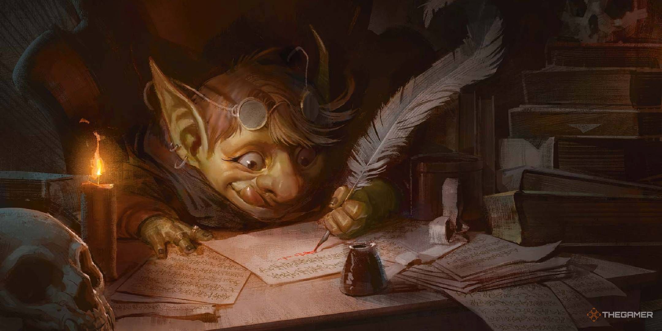 Goblin, wearing glasses on her head, and her tongue are passionately written on her clogged desk.