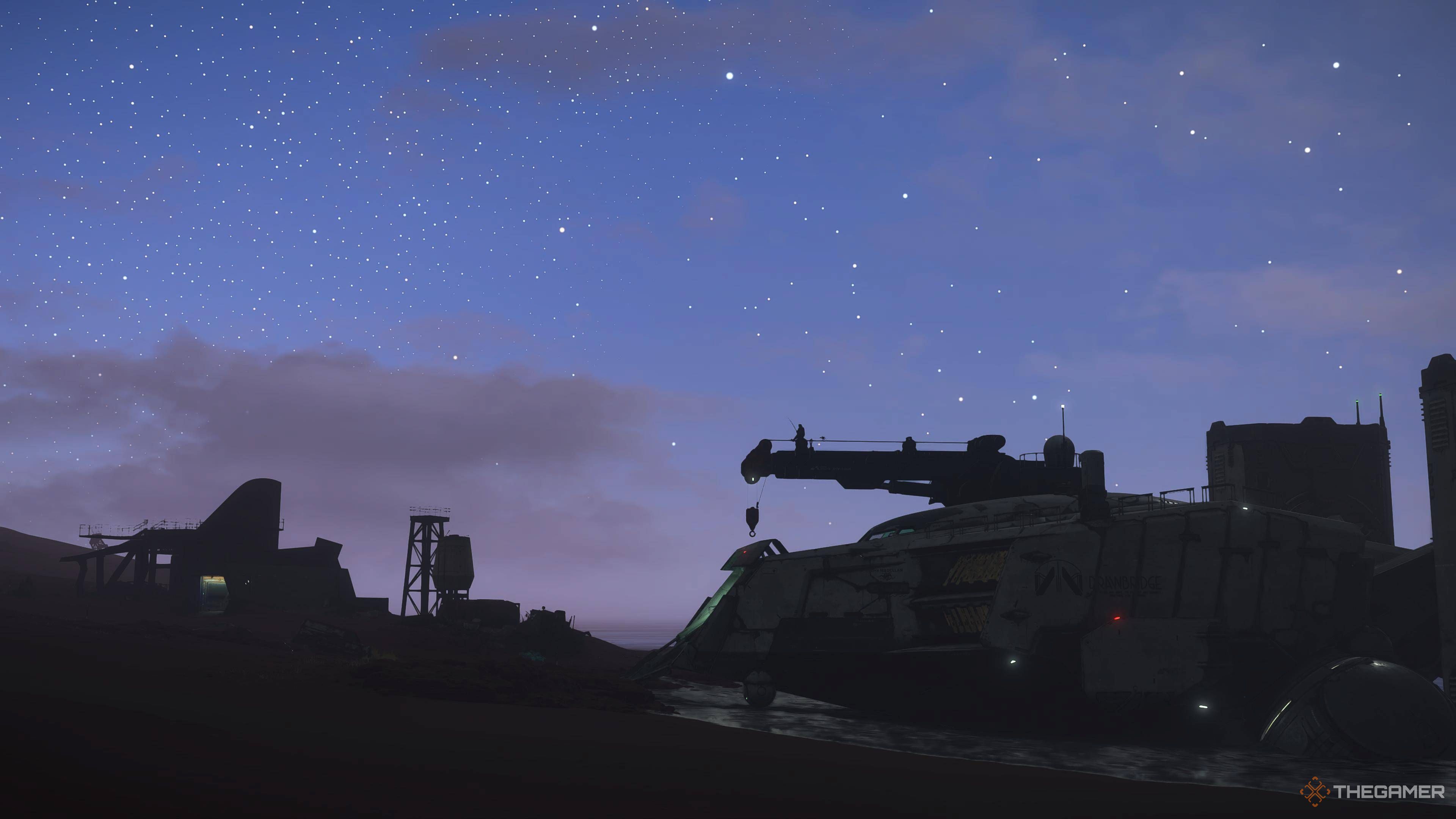 Death Stranding 2 vessels at night with Space Sky.