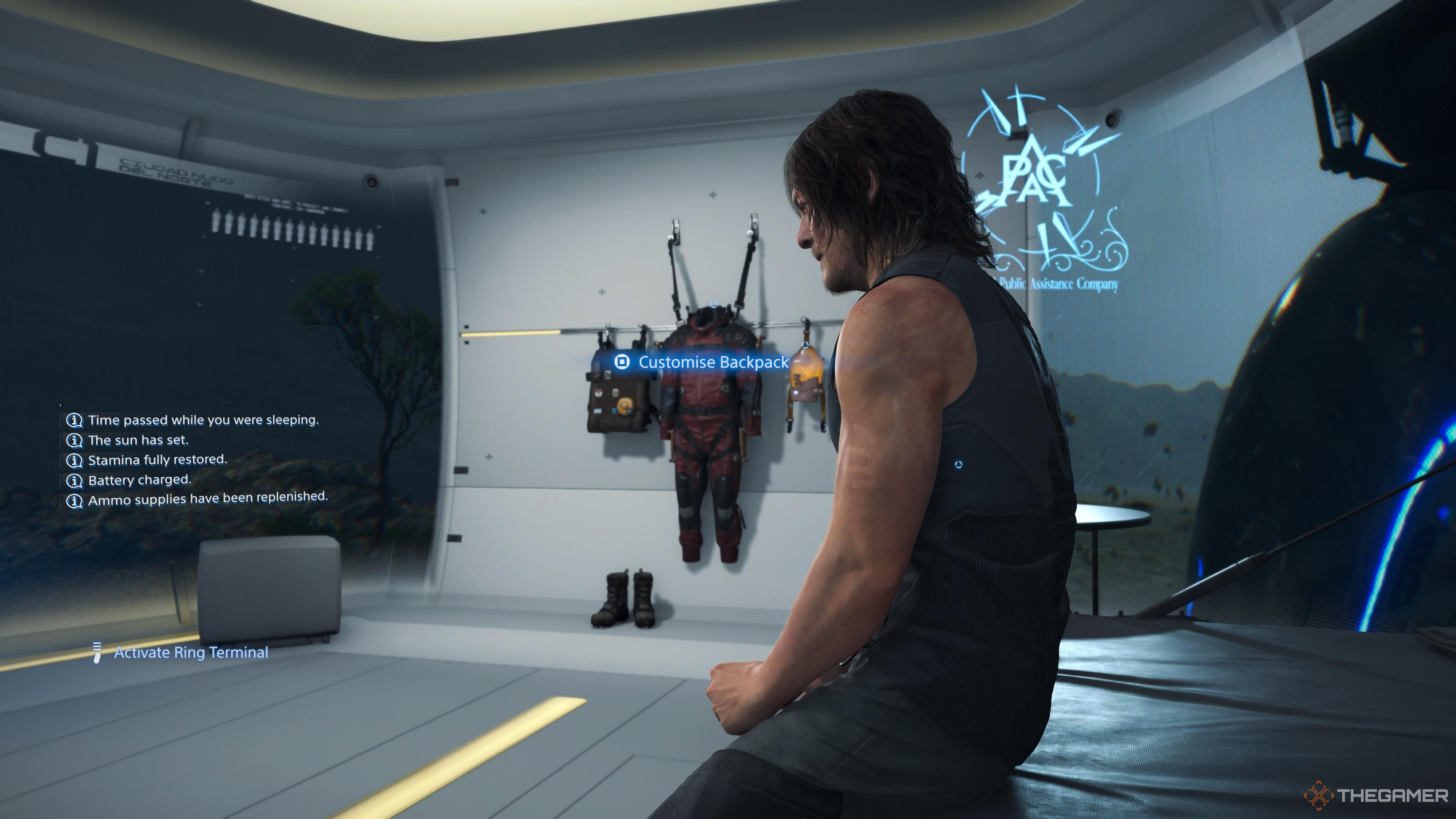 Looking at the backpack in Sam's private room in death stranding 2: on the beach.