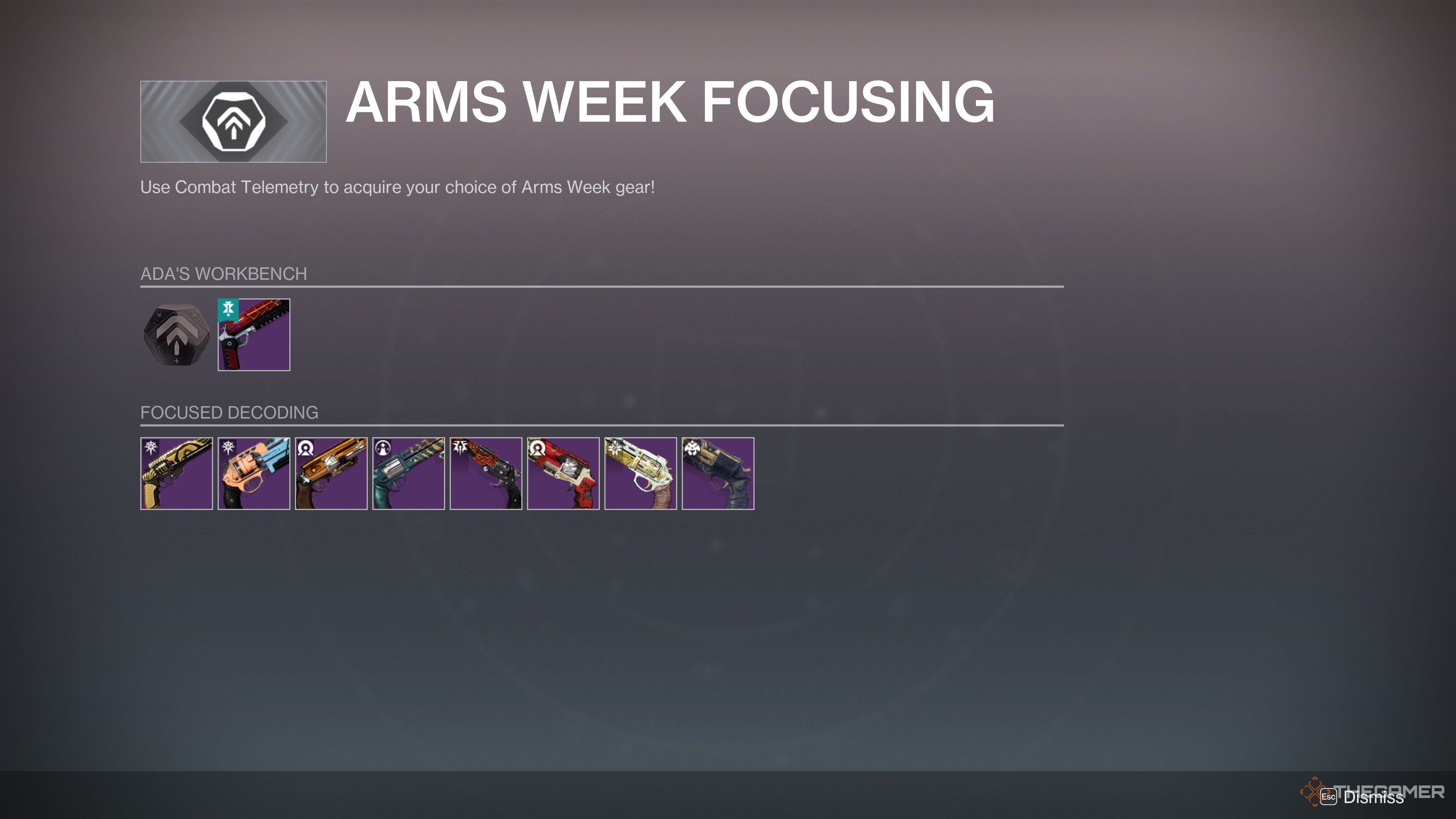 Destiny 2 Arms Week Focusing -Menü