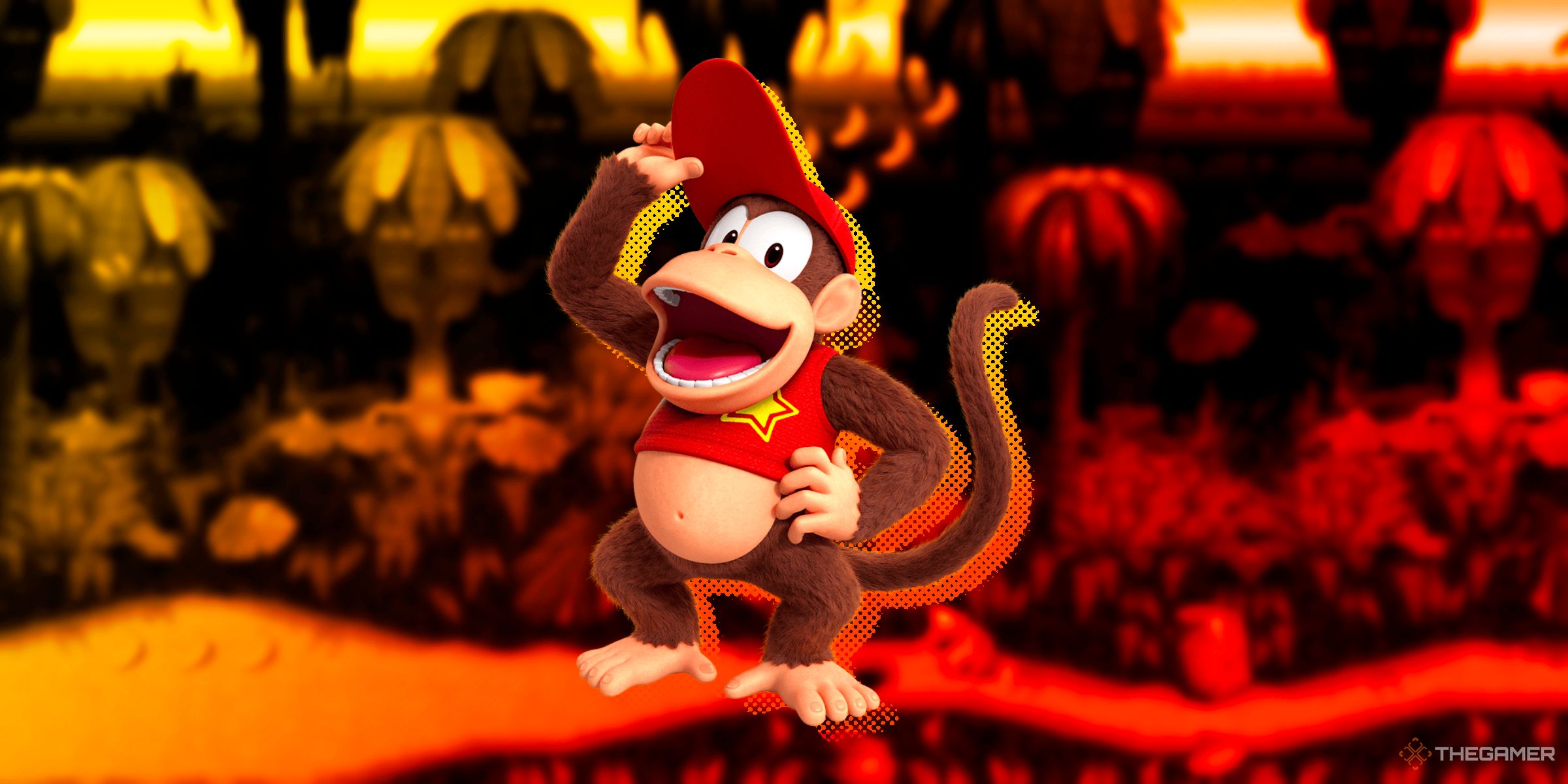 Diddy Kong holding his hat and posing in front of a jungle level from Donkey Kong Country.
