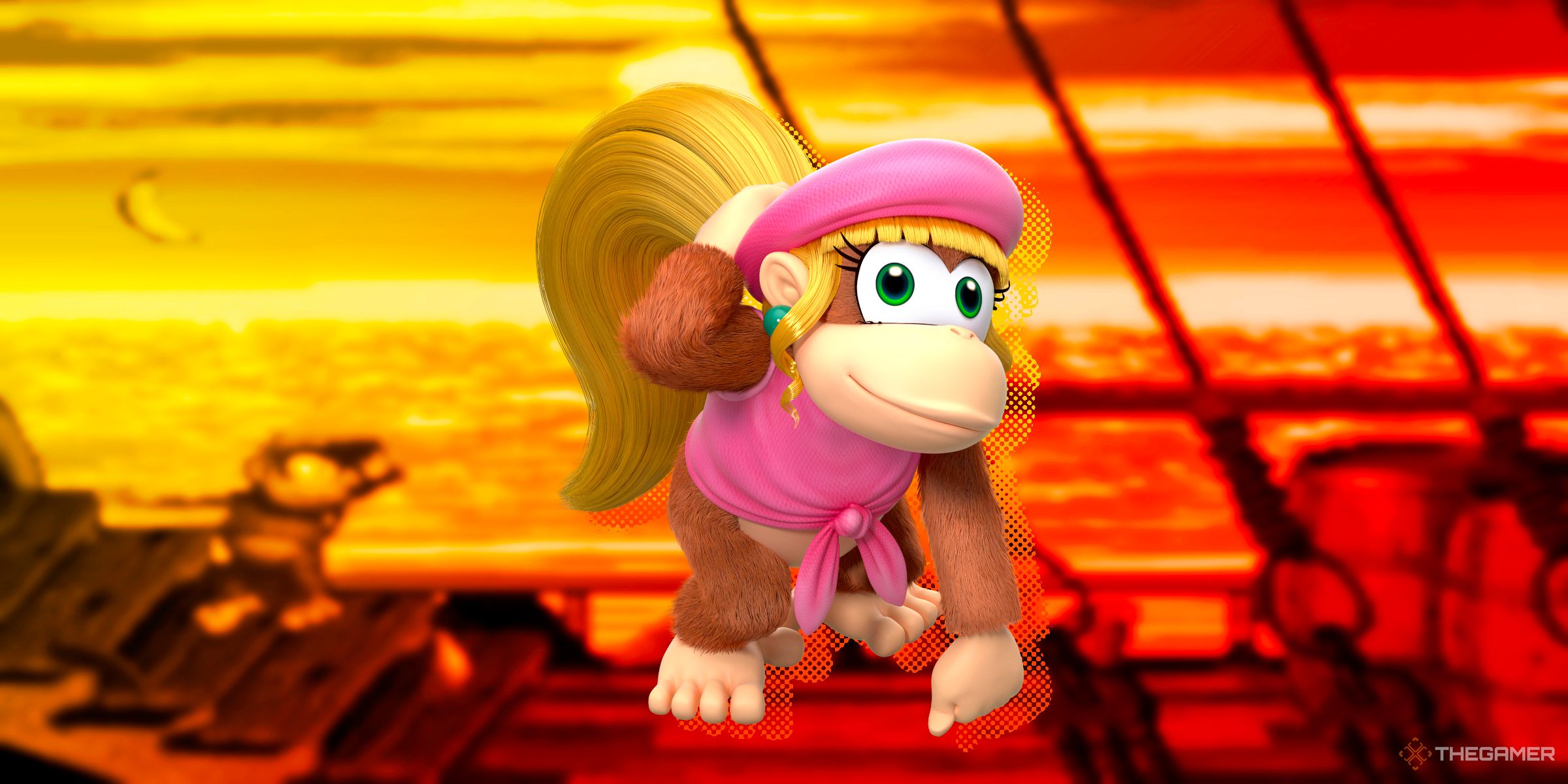 Dixie Kong holding her hat and posing in front of a Kremling ship level from Donkey Kong Country 2: Diddy's Kong Quest.