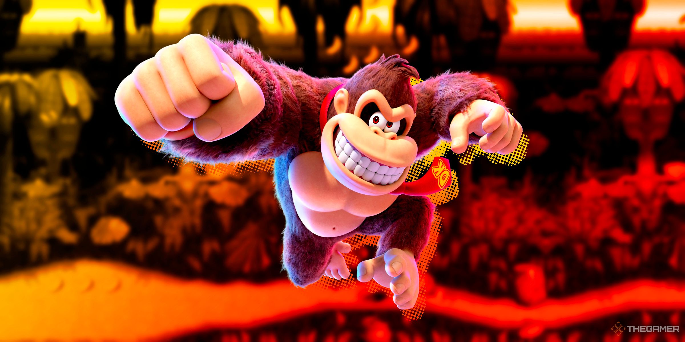 Donkey Kong punching towards the screen in his Donkey Kong Bananza design.