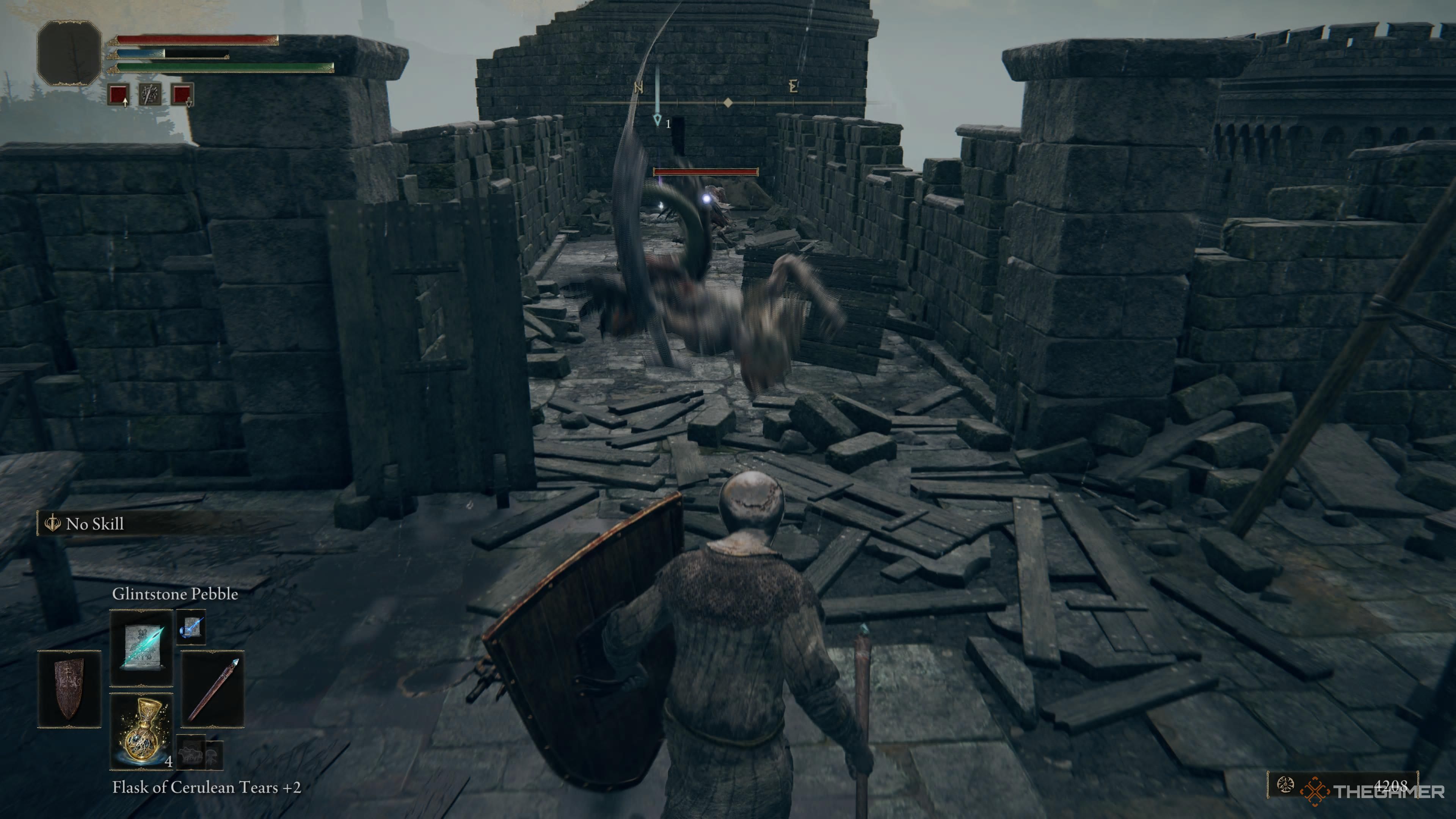 Creation jumping towards the players on the roof of the castle in Elden Ring.