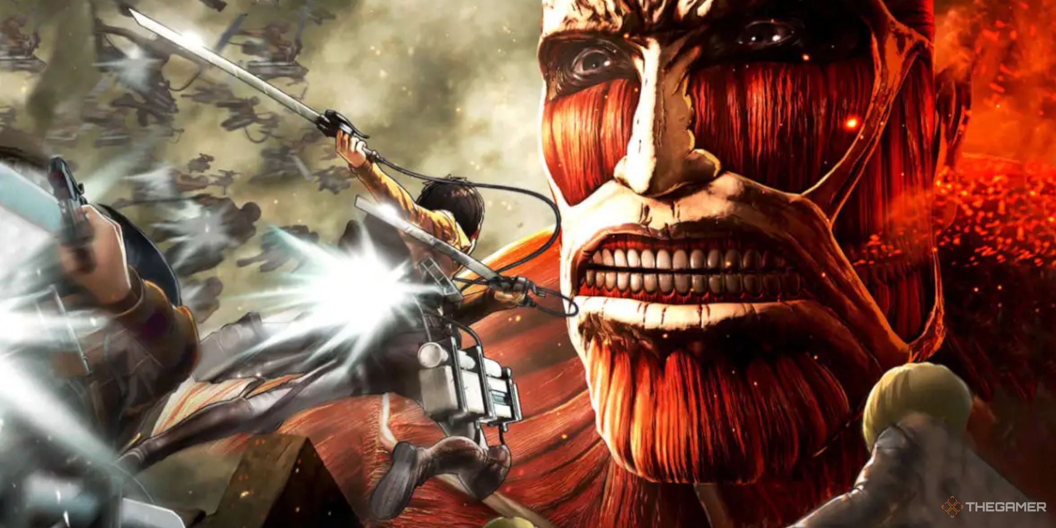Erin using his Omni-directional Mobility Gear system to close to the distance on the Colossal Titan.