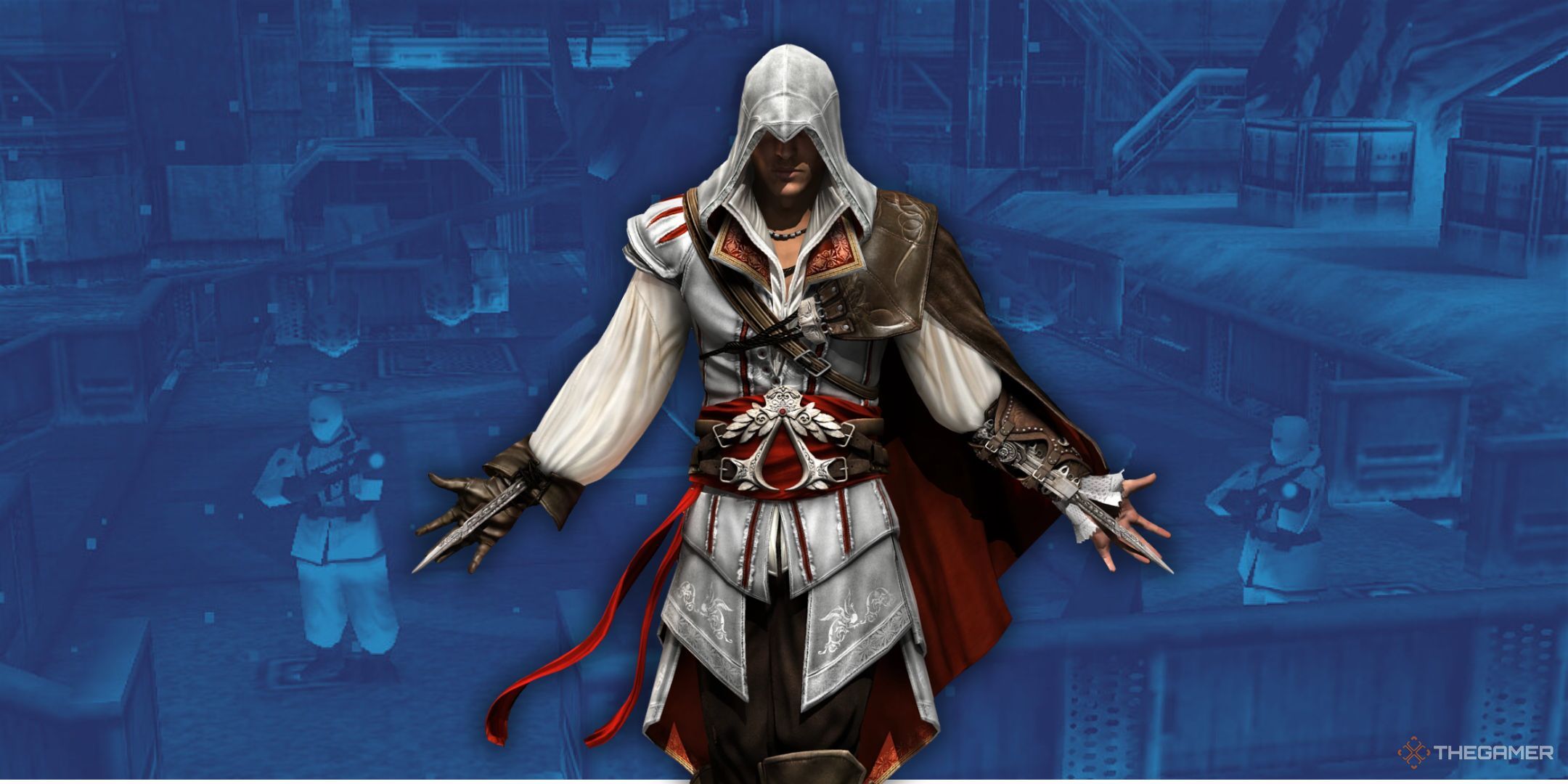 Ezio in front of a blue image of Shadow Moses from Metal Gear Solid.