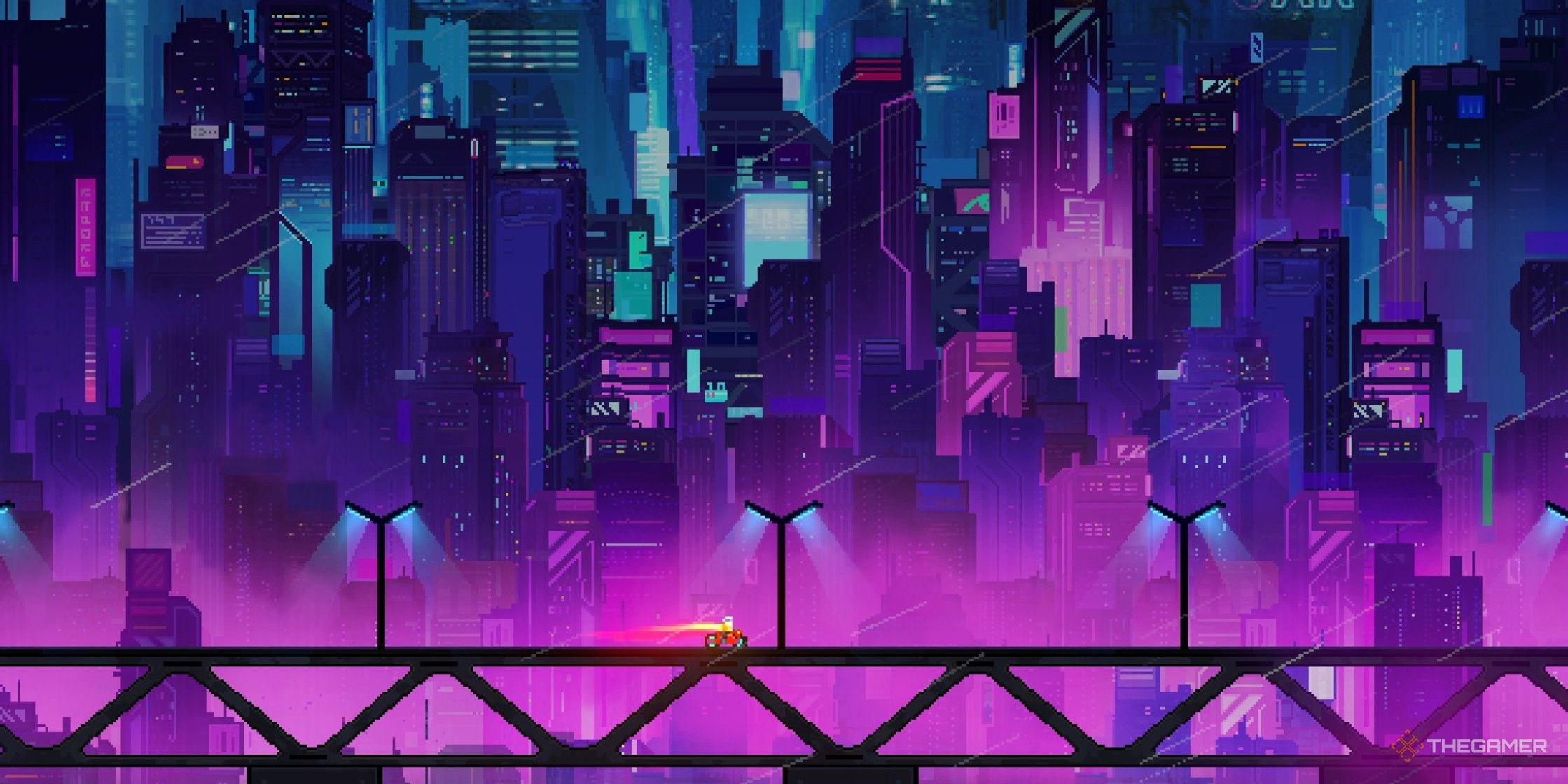 A character that rides a bicycle on a bridge on the background of the pixel art background of Neon Abyss 2.
