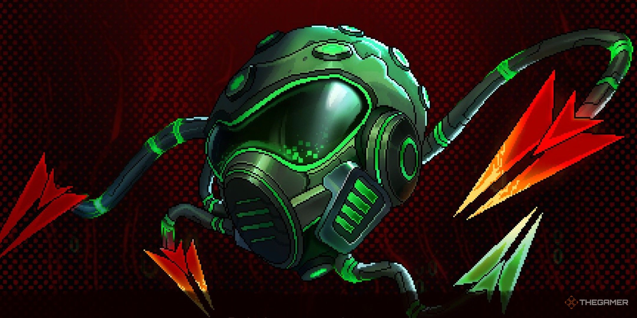 Close -up of TROJAN, a large mechanical helmet like a gas mask with tentacles in Neon ABYSS 2.