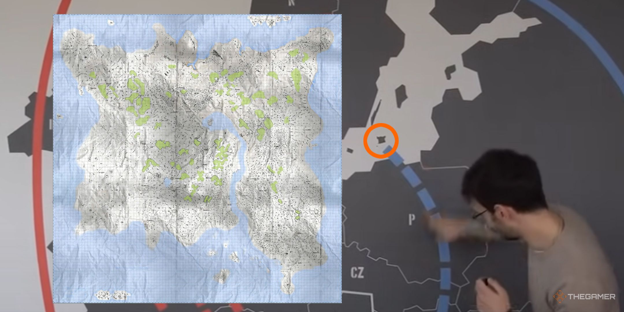 The fictional map of the world on the wall of Bohemia Inter active next to the flashing map of Noova Island.