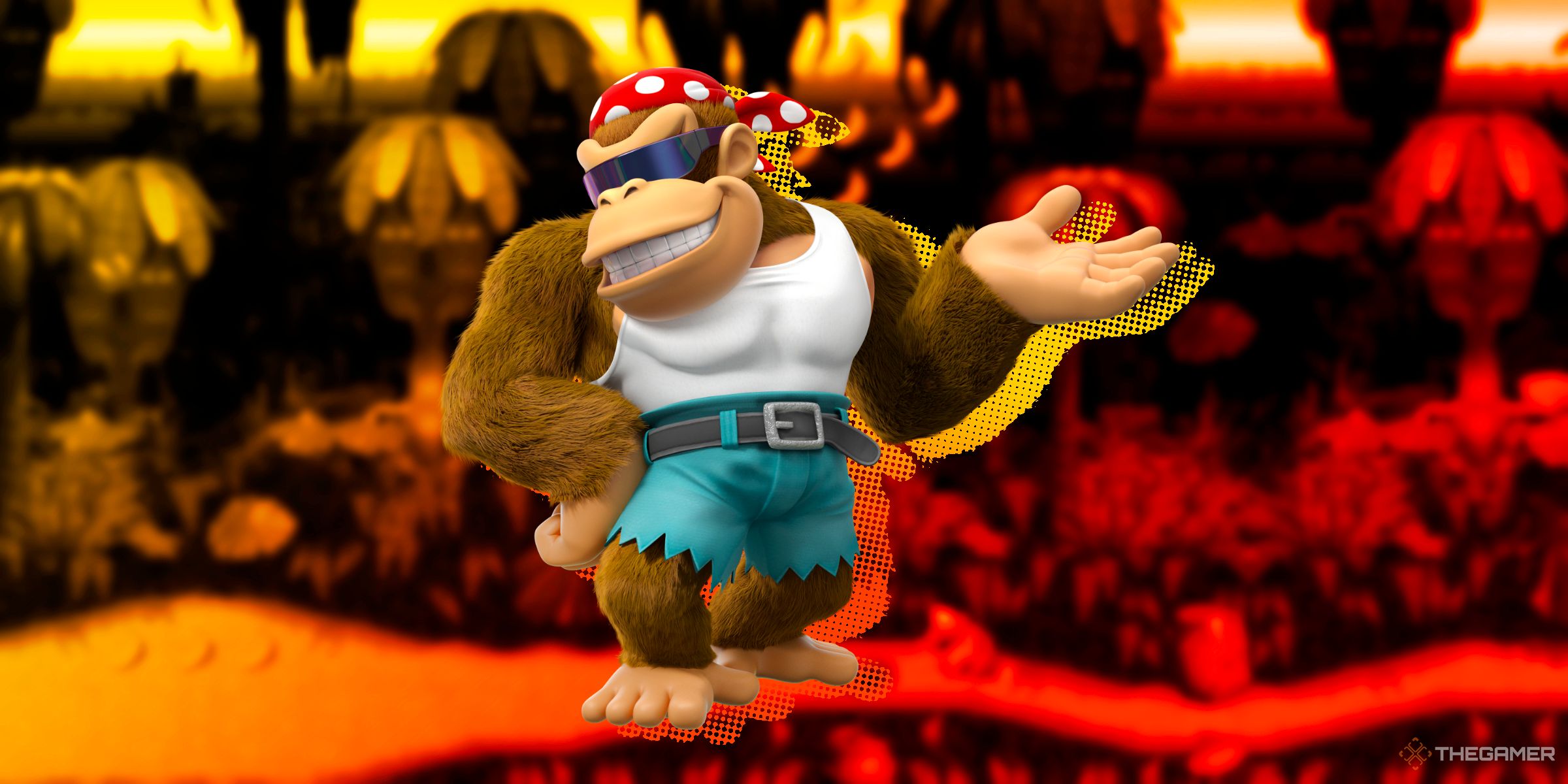 Funky Kong posing in front of a jungle level from Donkey Kong Country.
