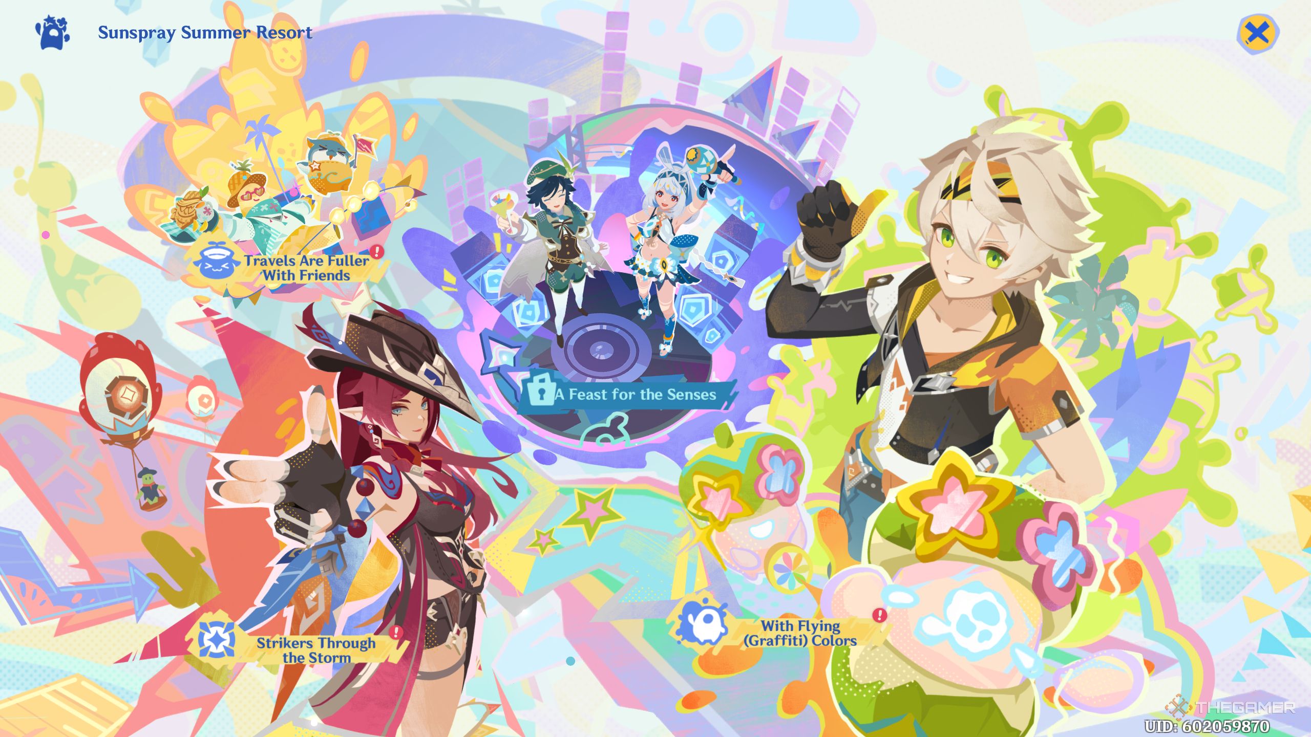 The main screen for the Sunspray Summer Event in Genshin Impact.