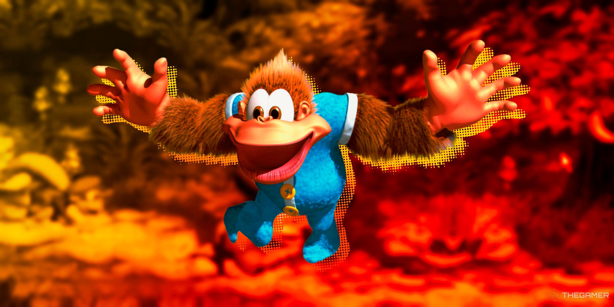 Kiddy Kong jumping in front of a jungle level from Donkey Kong Country 3 Dixie Kong's Double Trouble.