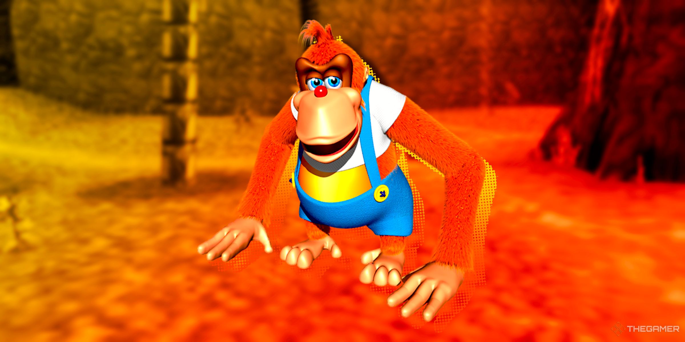 Lanky Kong posing ontop of a jungle area from Donkey Kong 64.