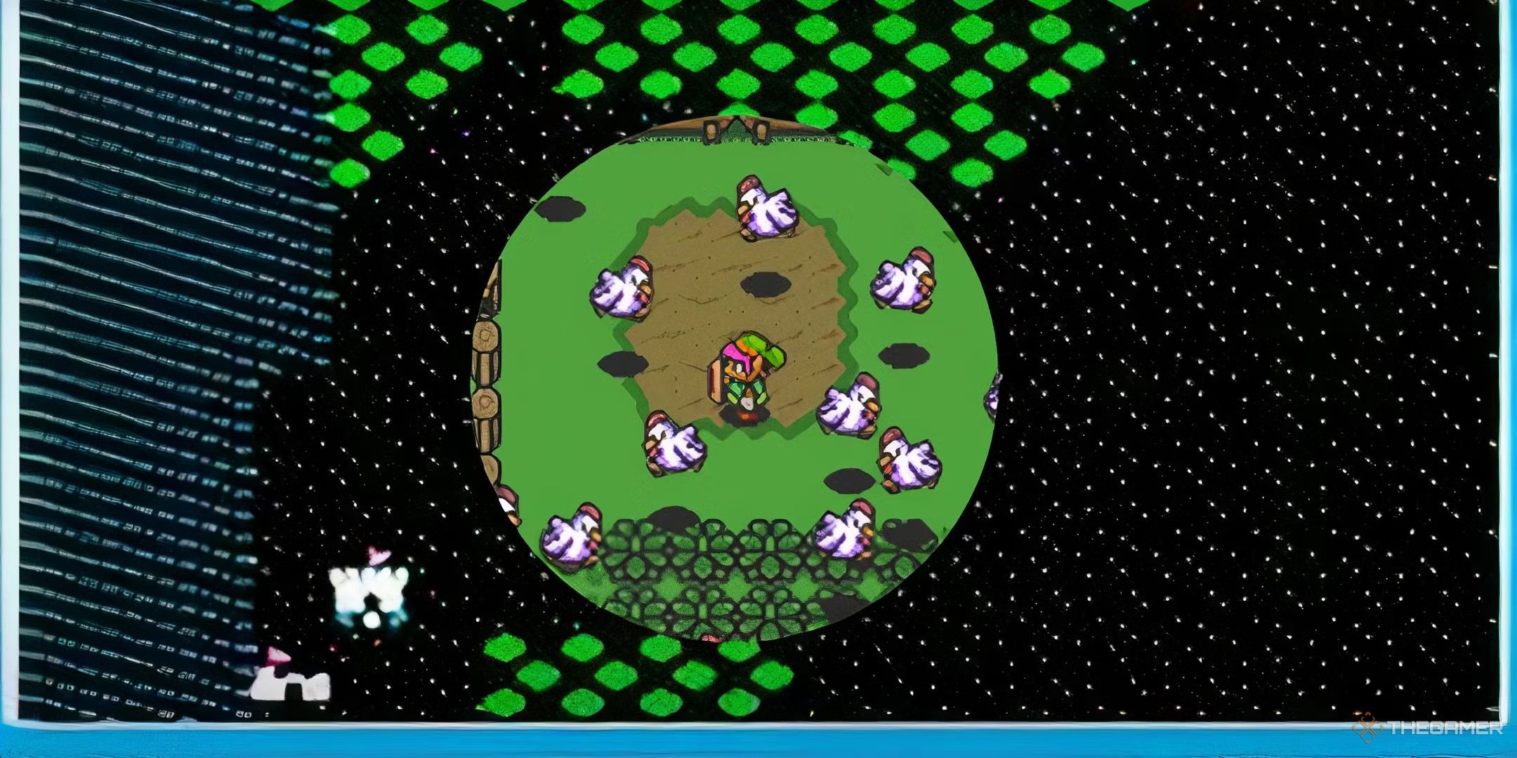 Link standing alone with cuckoos around in The Legend Of Zelda.