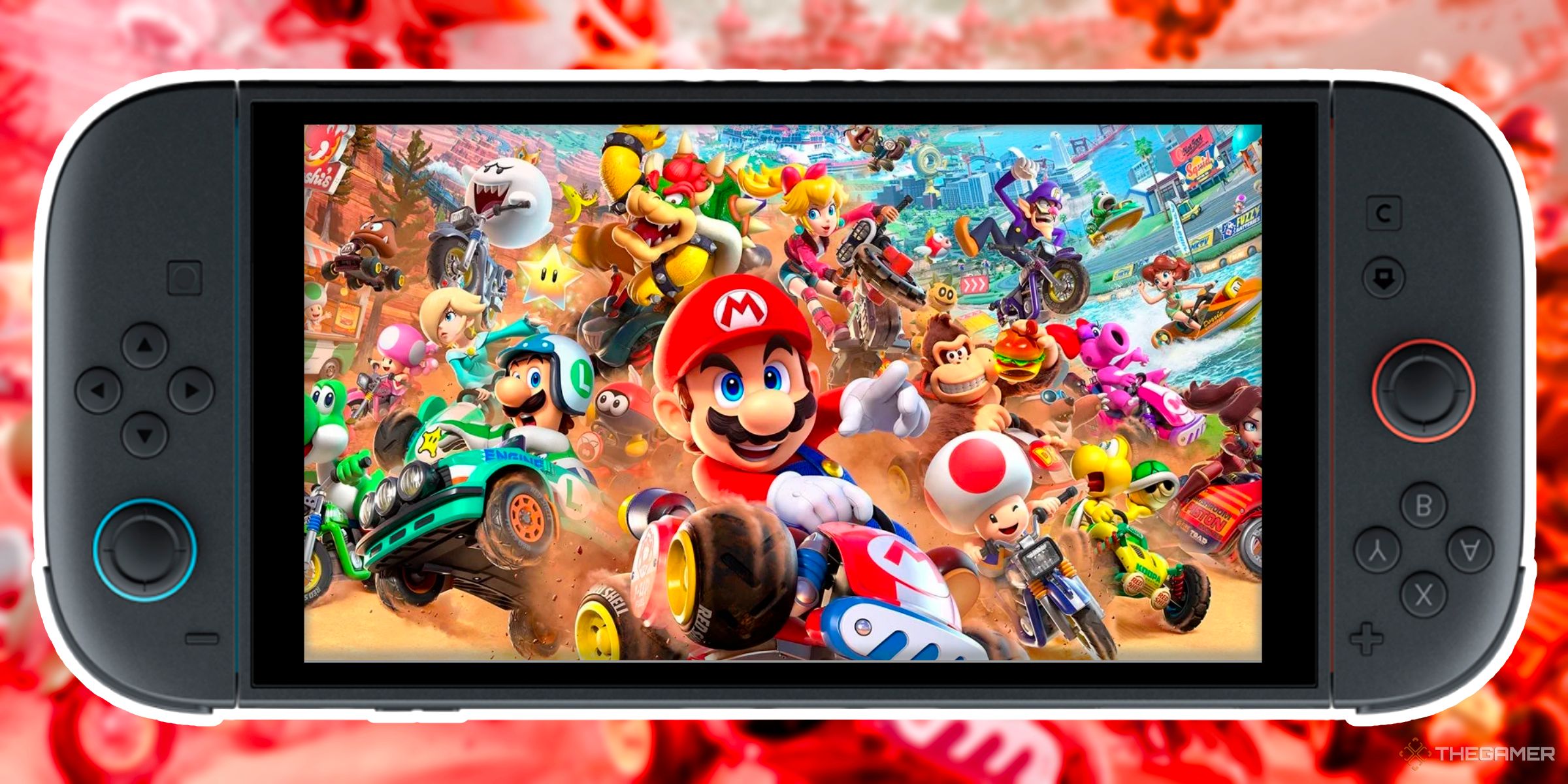 Mario Kart World's main box art inside of a upside down Nintendo Switch 2.