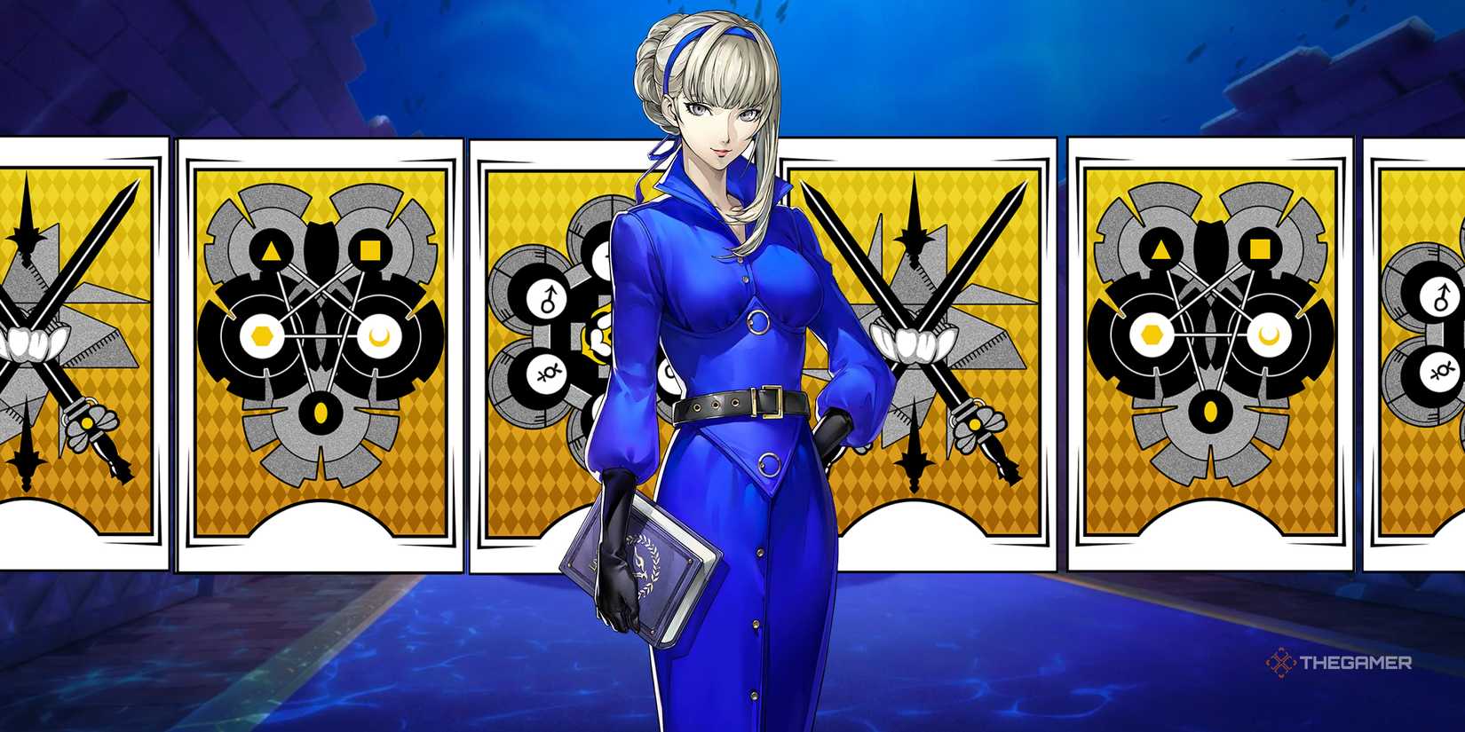Merope in the Velvet Room standing in front of a row of Revelation Cards in Persona 5 The Phantom X.