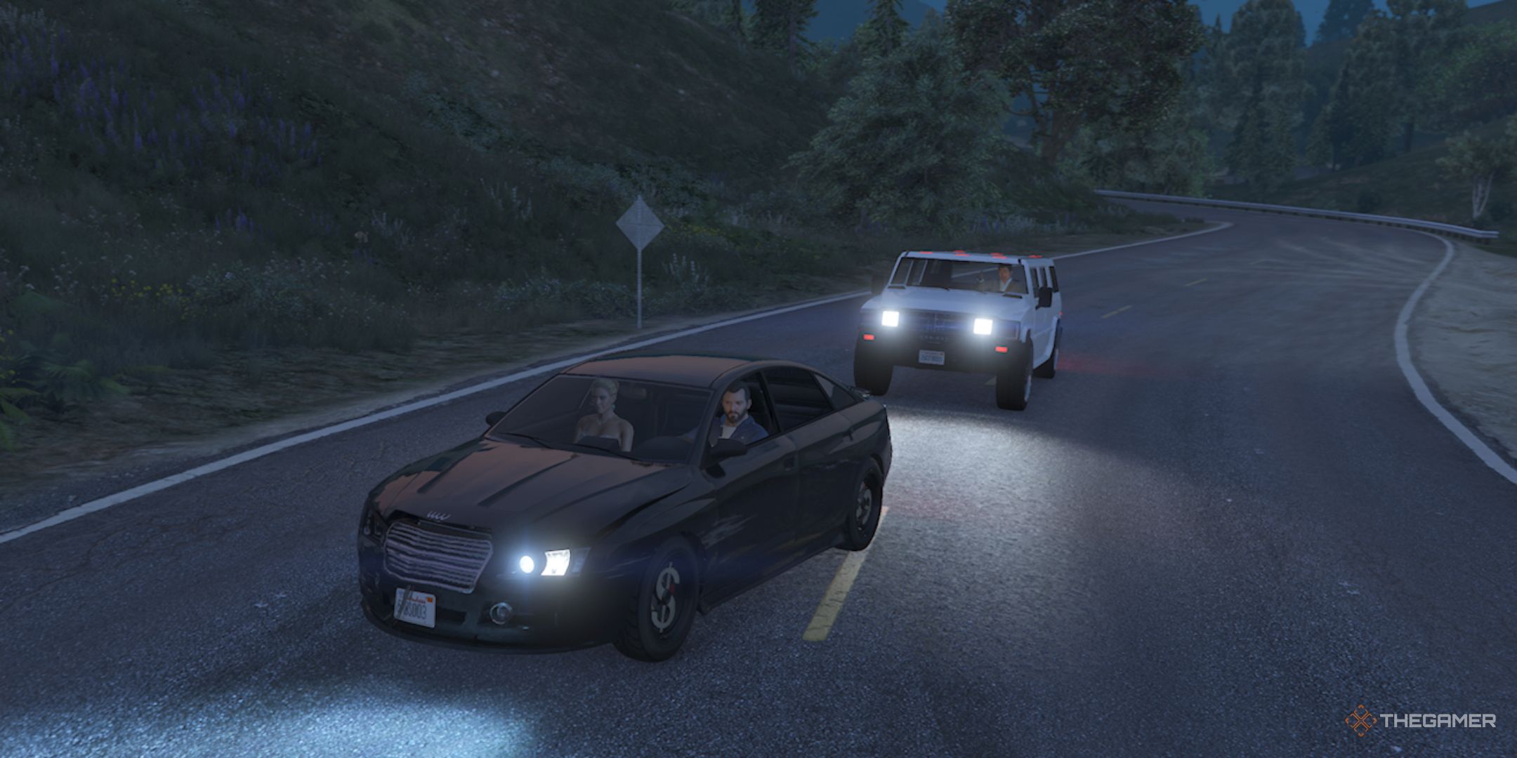 Michael and the furious bride are leaving Guy in Hummer at the Grand Theft Auto 5.