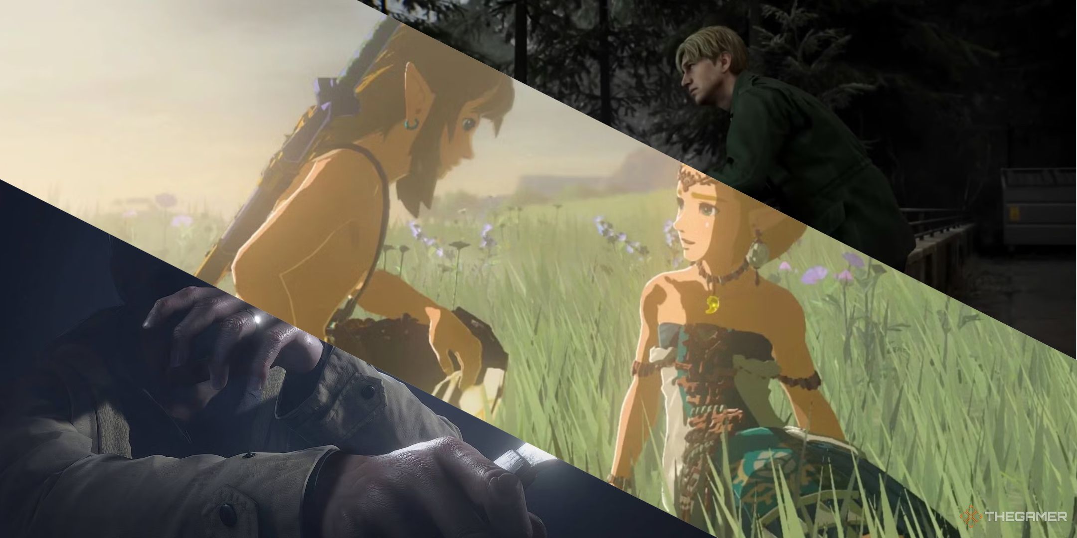 Ethan with his hands in front of his face in Resident evil village, link with Zelda in a field in tears of the kingdom, and James leaning against a railing in silent hill 2 remake, left to right.