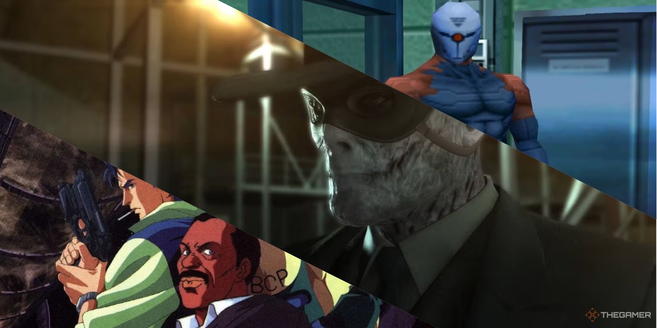 Multiple characters from Policenauts together, Skull Face in Metal Gear Solid 5, and Gray Fox in Metal Gear solid, left to right.