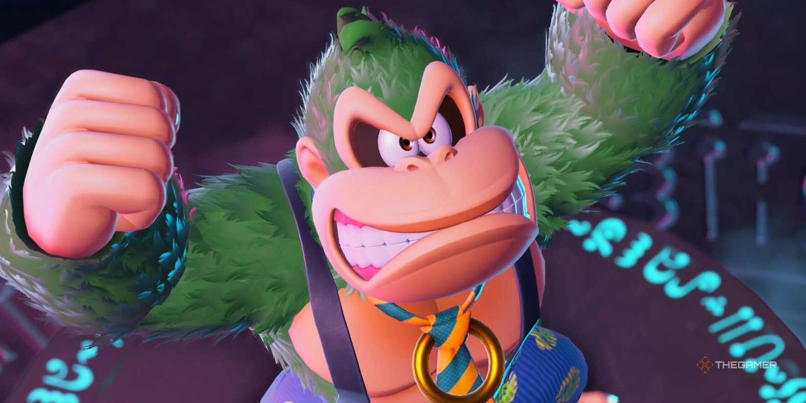 Donkey Kong with Green Fur shook his fists in Bananze.