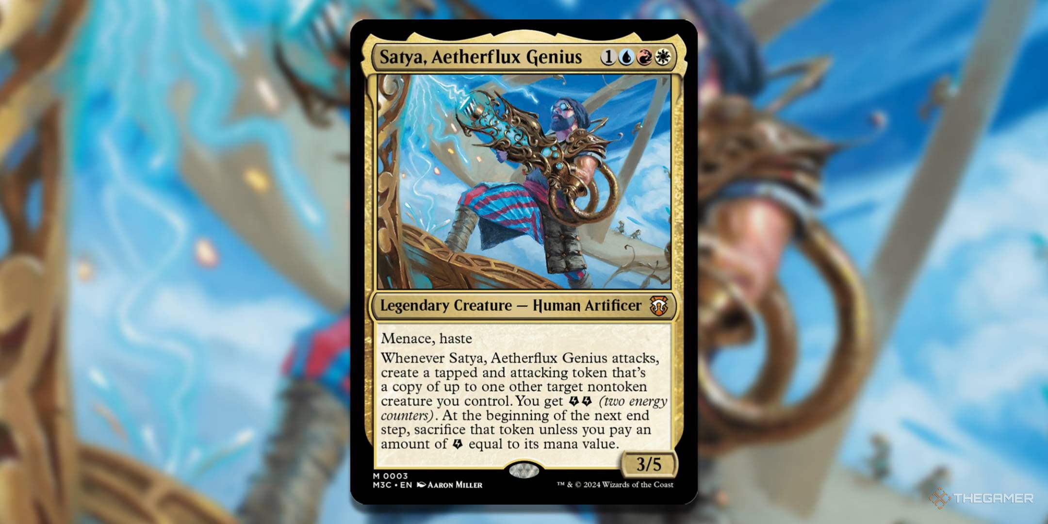 MTG Satya, AETHERFLUX genius card with art in the background.