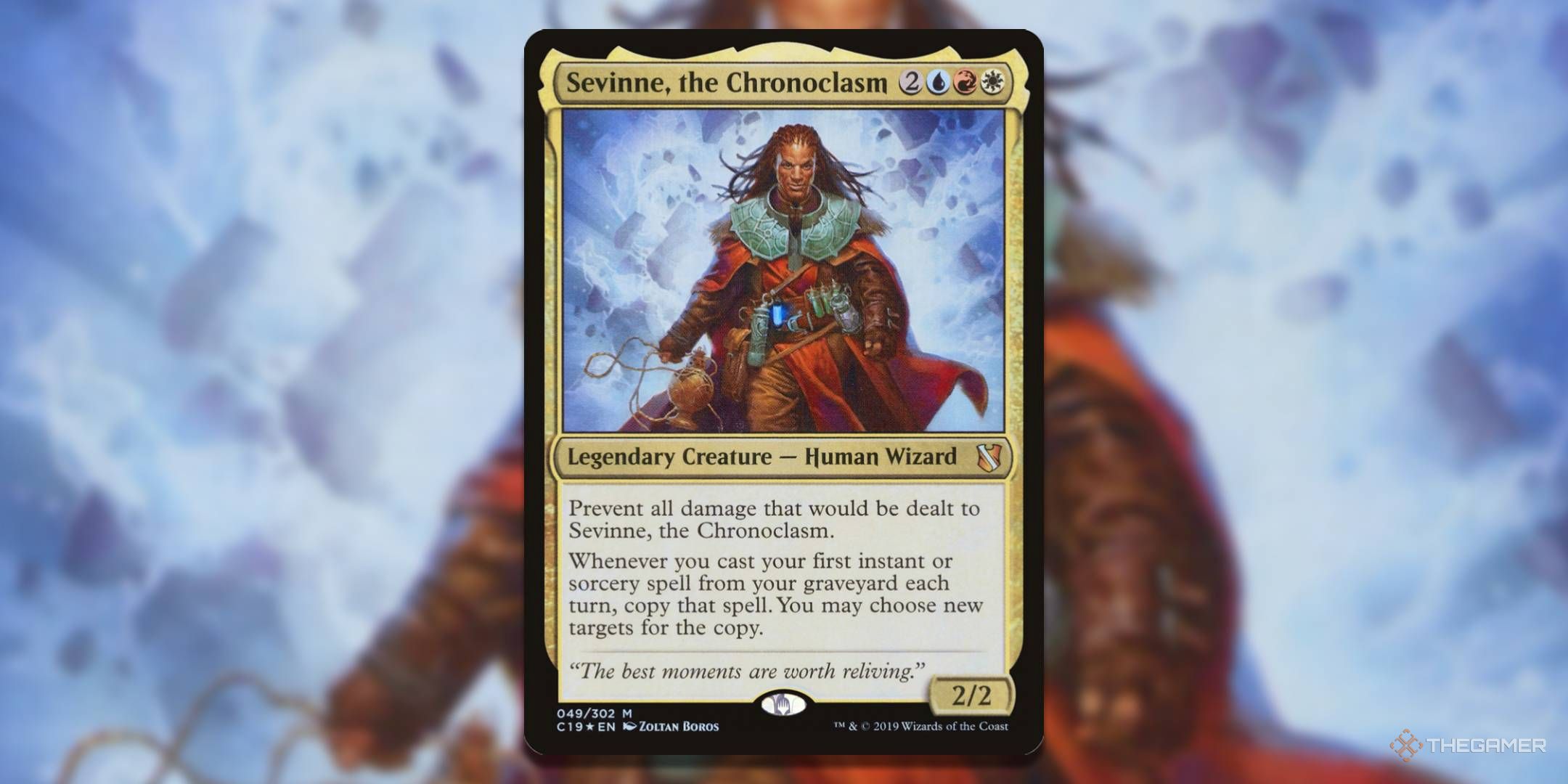 MTG Sevinne, Hronoclasm card with art in the background.