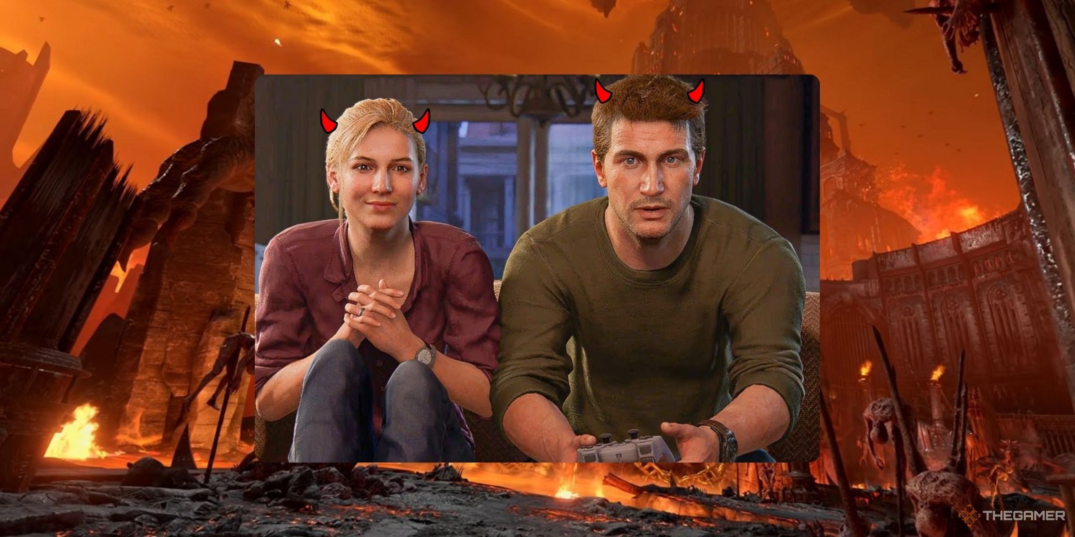 Nathan Drake and Elena with red horns, playing a video game with an image of Hell from Doom Eternal in the background.
