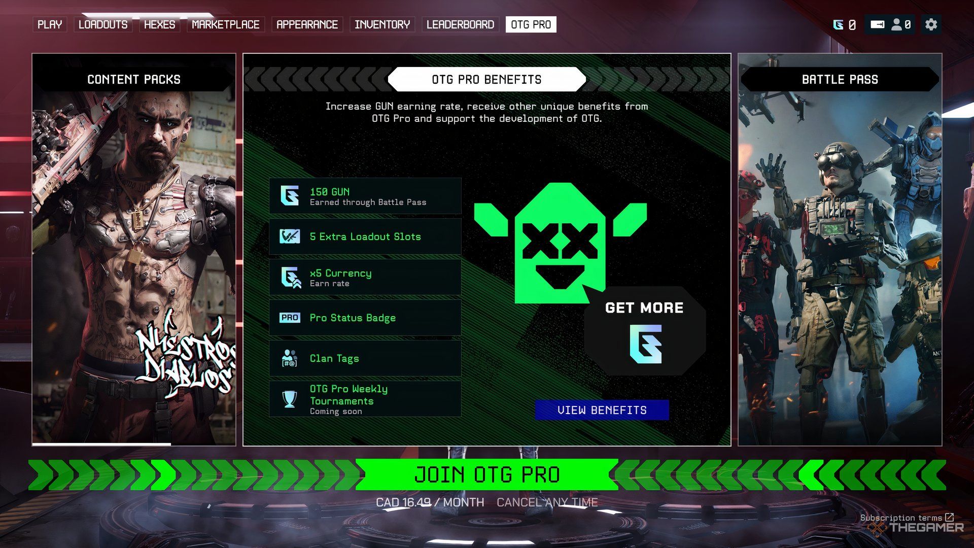 The player in the OTG Pro menu is listed in the grid down with its benefits. The words contained in the OTG Pro are highlighted in the green.