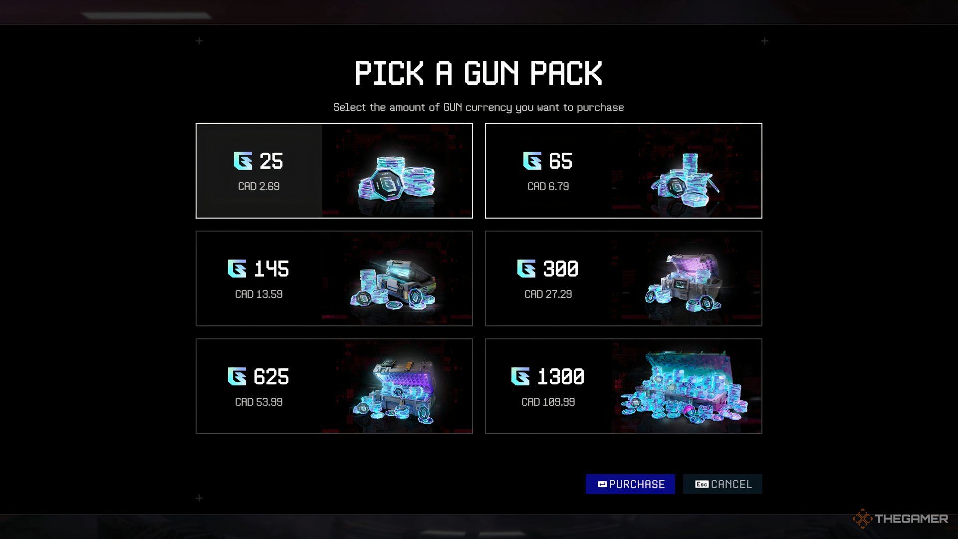 Select a gun pack in the grid. The first two highlights are six options. 