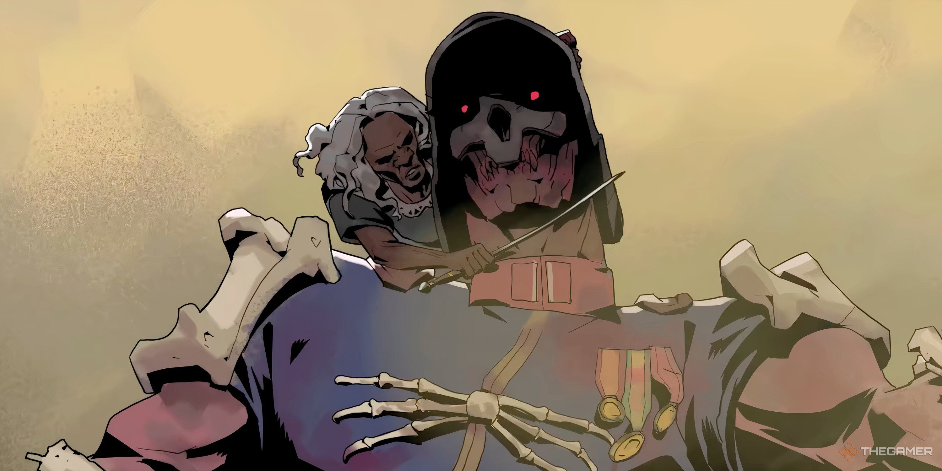 Old woman slicing a giant zombie's neck from a Cinematic in Hell Clock.