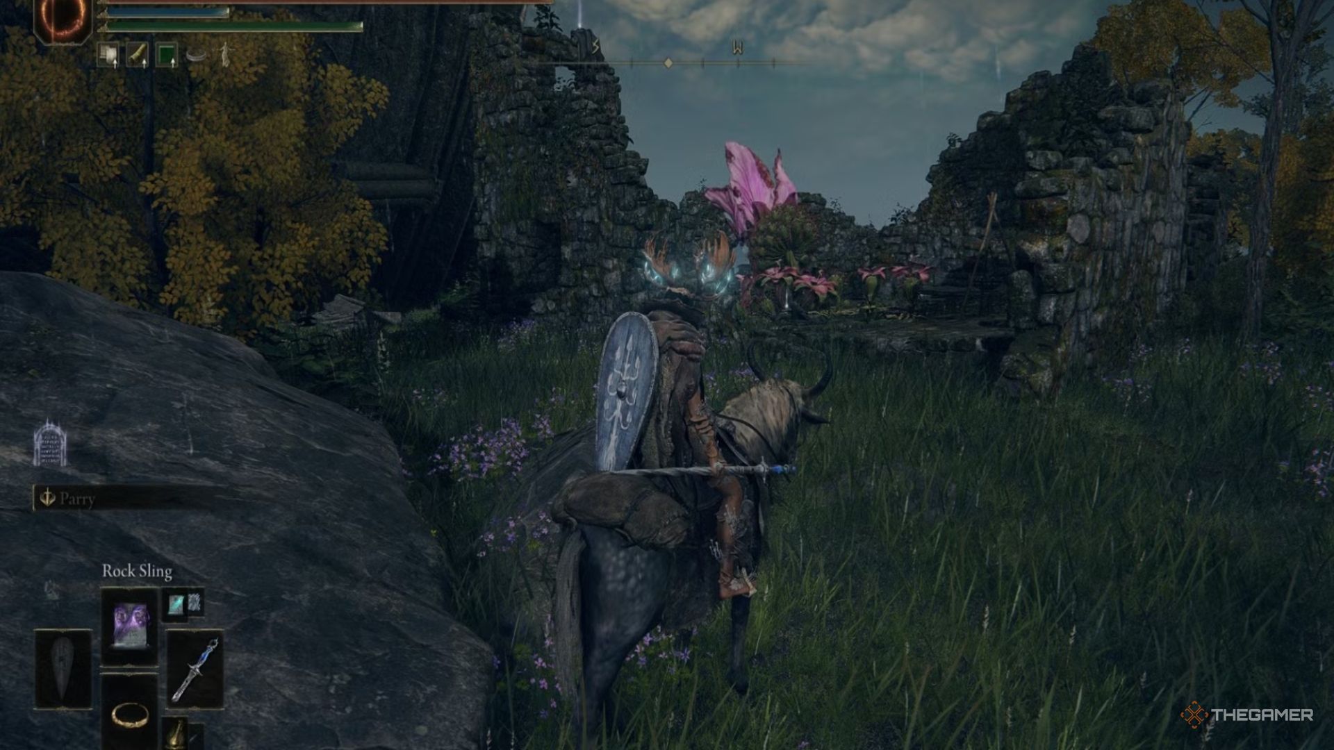 The player mounted his horse and watched a group of flowers in front of them in Elden Ring.