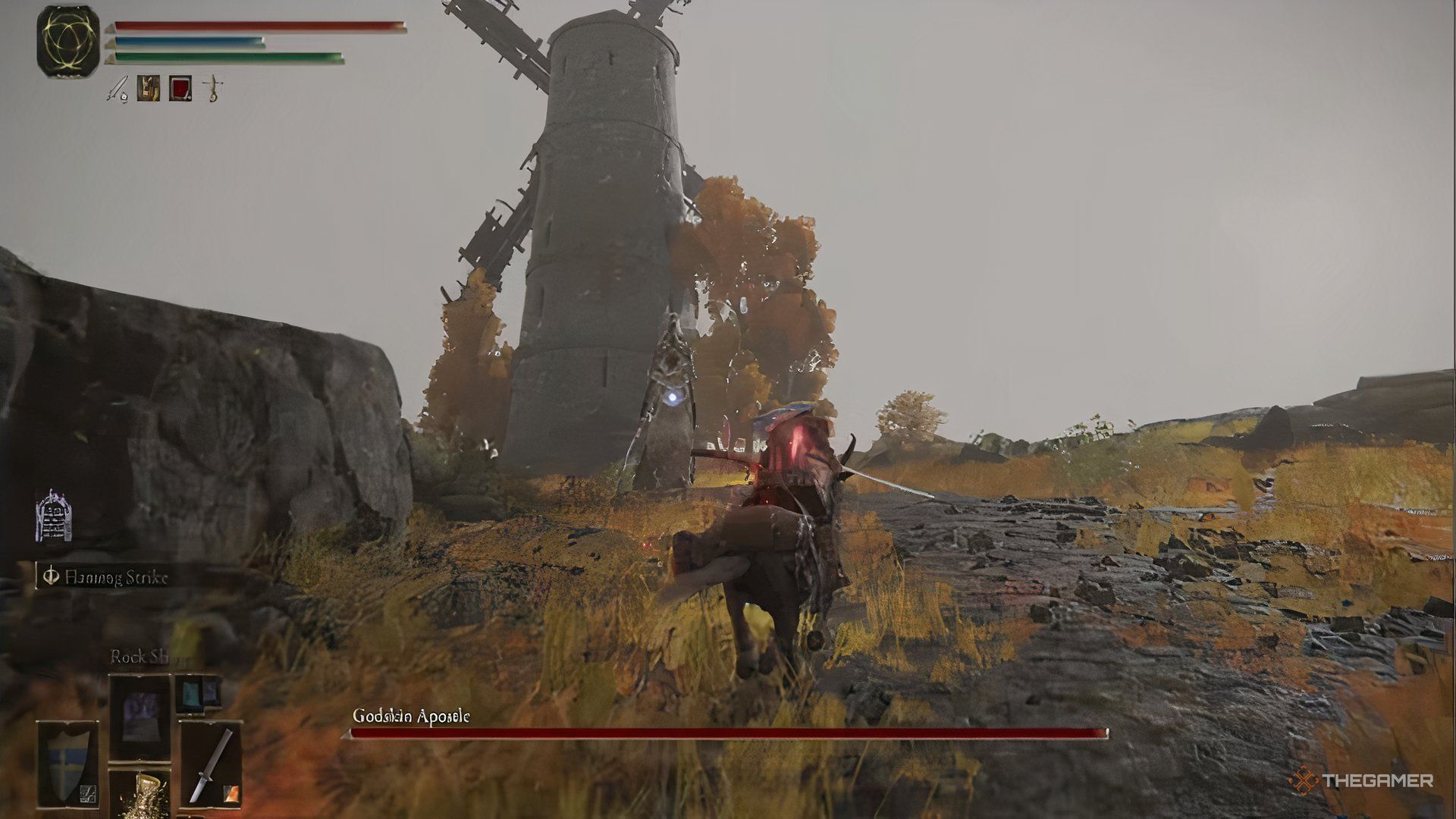 The character rides a horse towards the Apostle Godskin in Elden Ring.