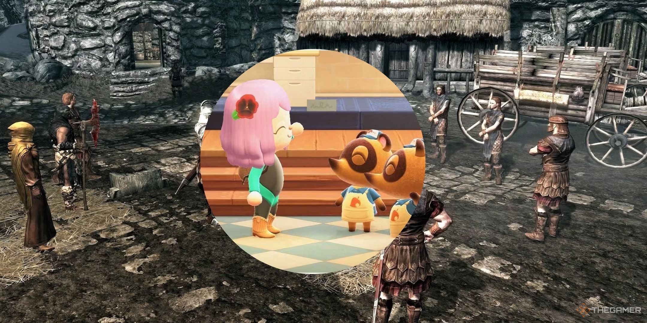Animal Crossing character in front of some NPCs from Skyrim.