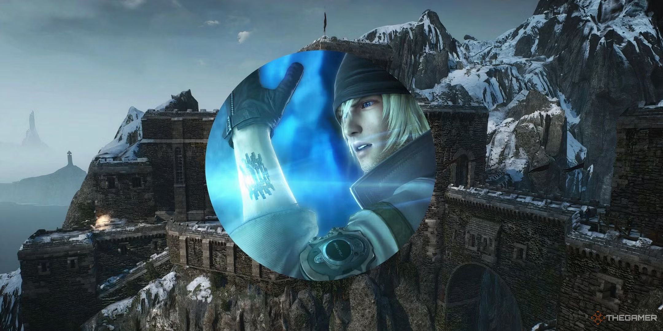 Snow from Final Fantasy 13 showing his mark in front of a castle.