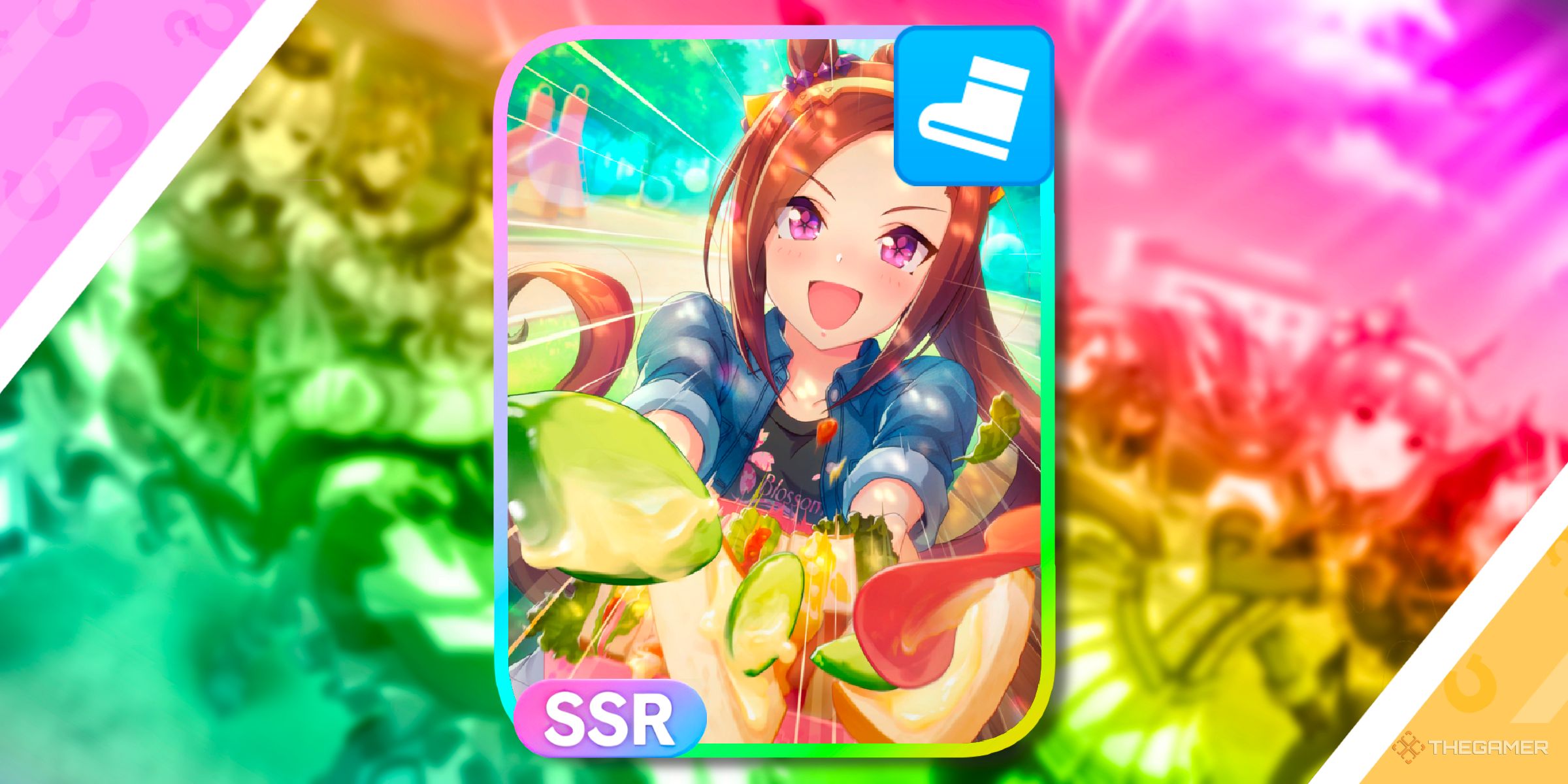 SSR Sakura Bakushin O [Eat Fast! Yum Fast!] Speed Support Card from Umamusume: Pretty Derby.