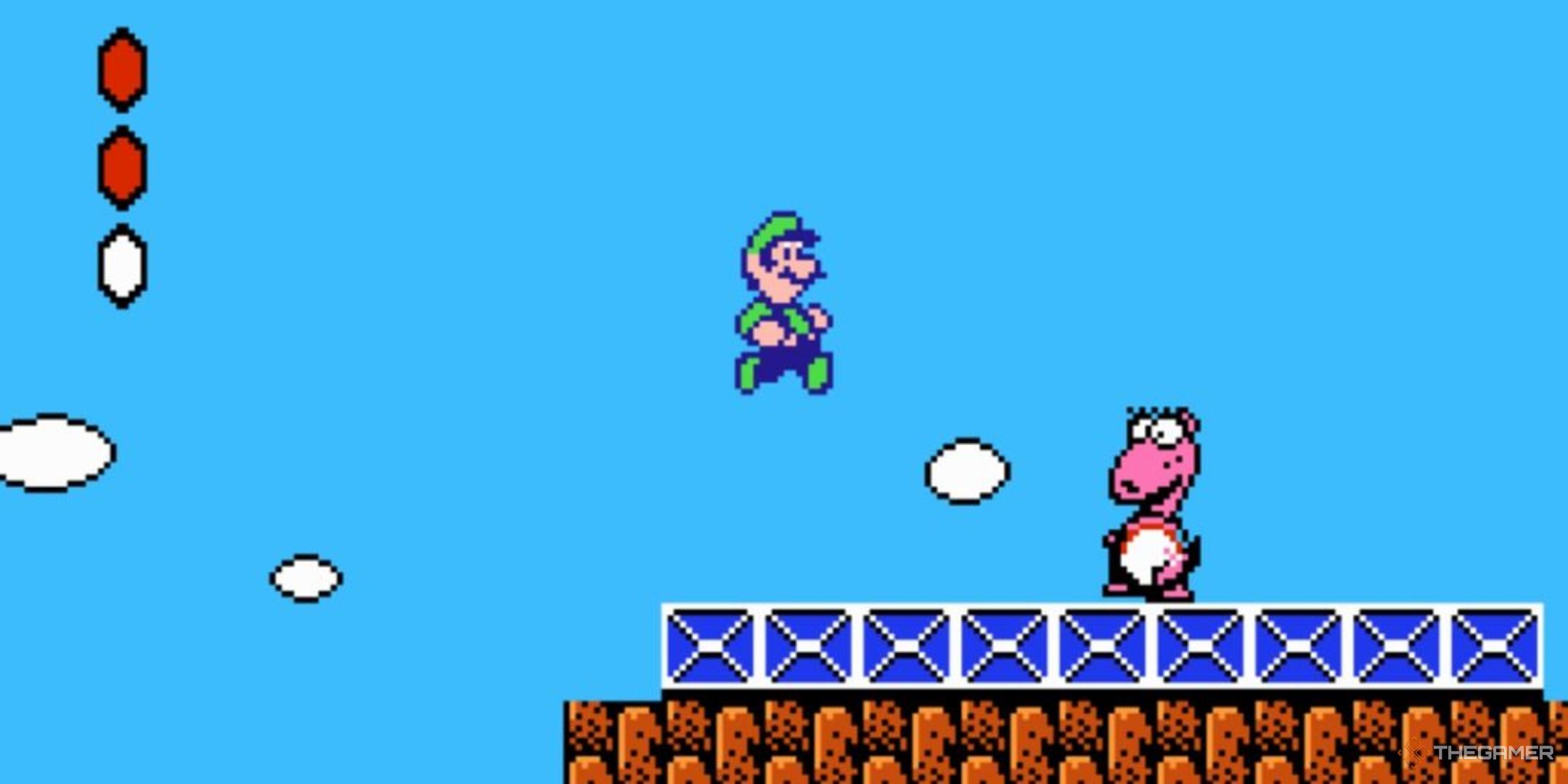 luigi jumping over birdette's eggs in super mario bros 2 for the NES.