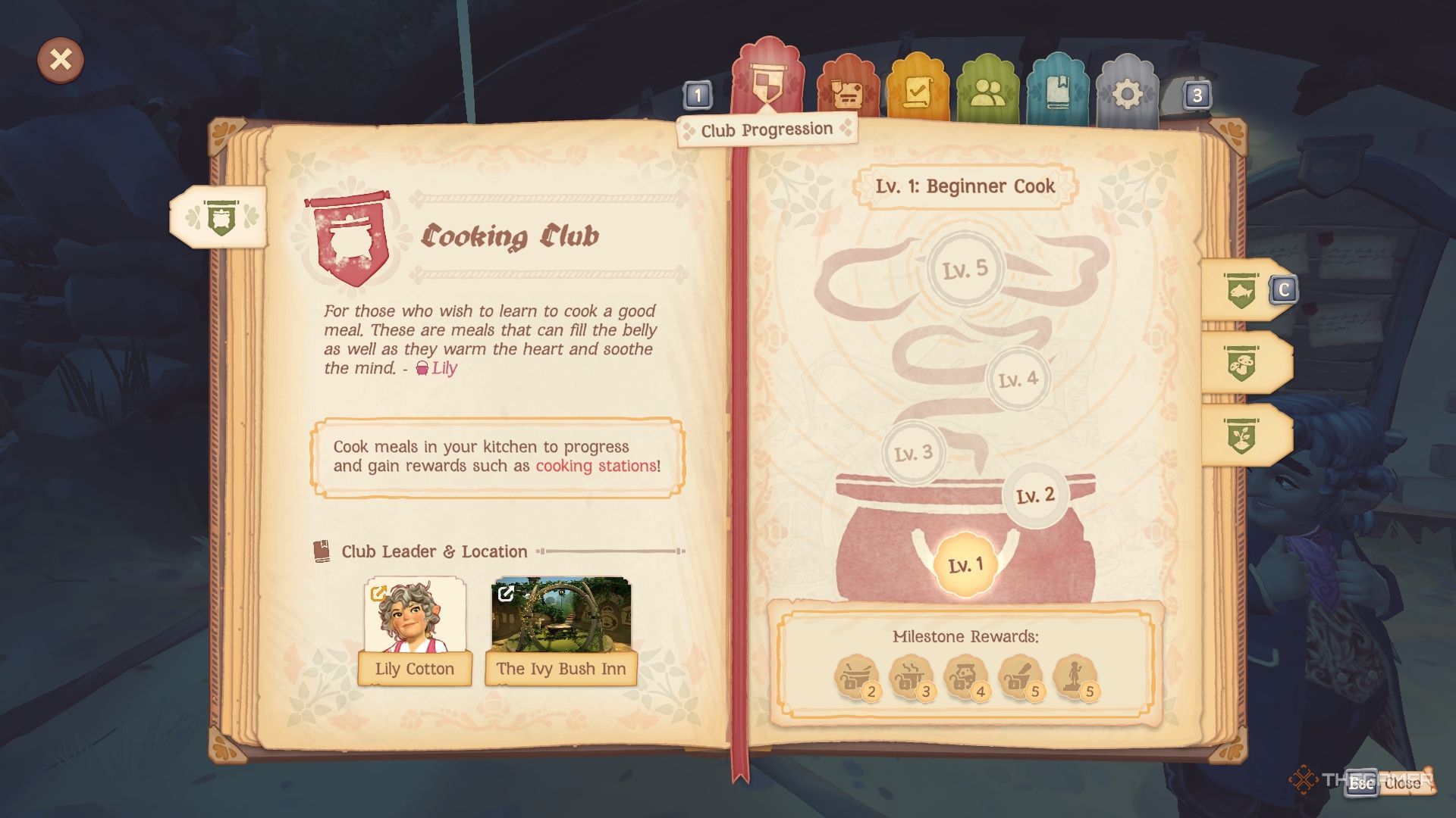 Cooking club pages from the players' journal, with details about rewards and experience.