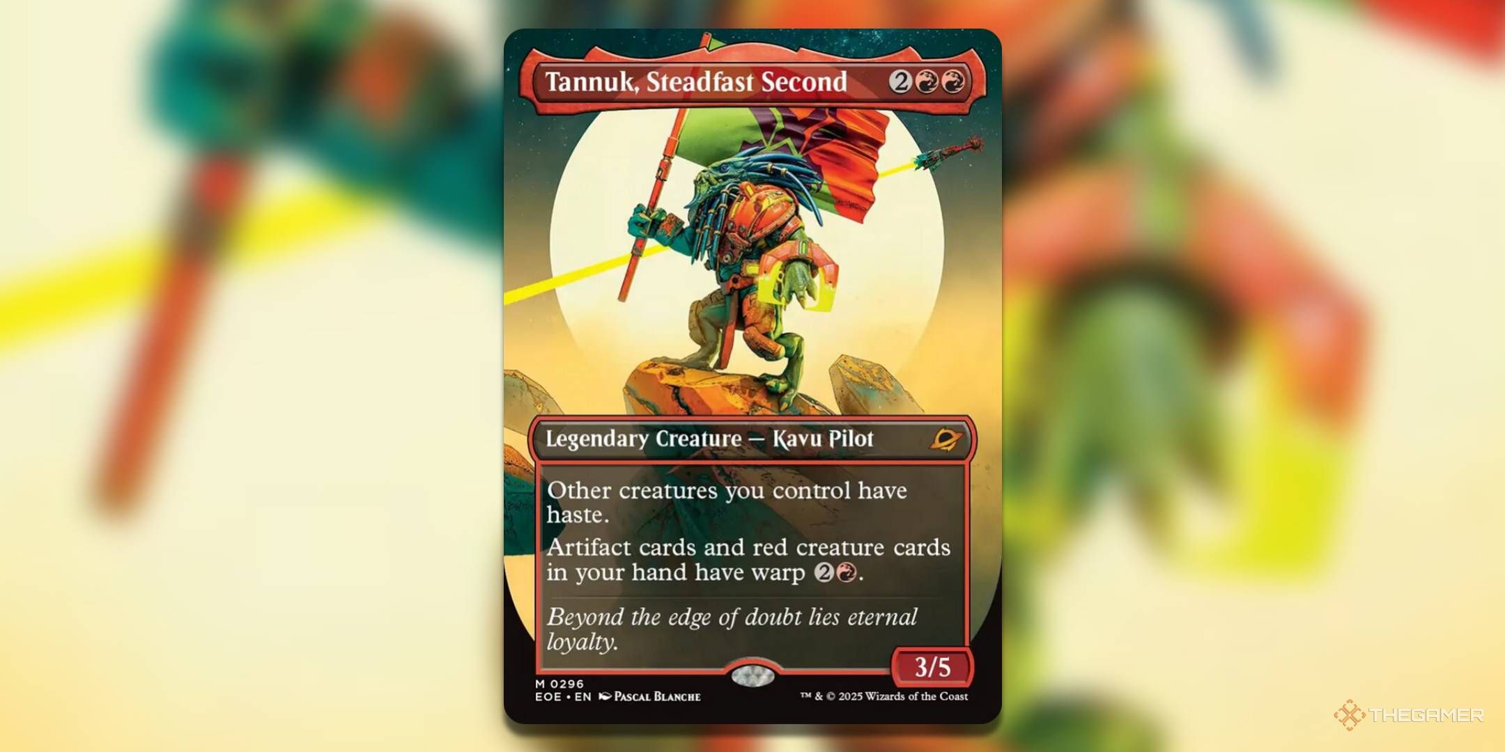 Tannuk, stable warrior card, from magic: set the edge of eternal land.