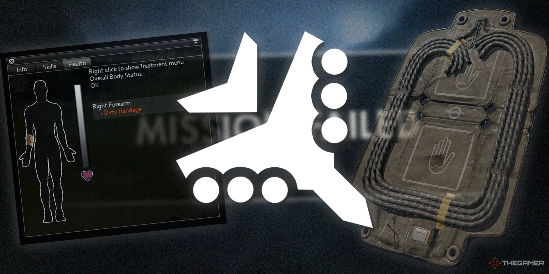 Items from various games in front of a Mission Failed screen.