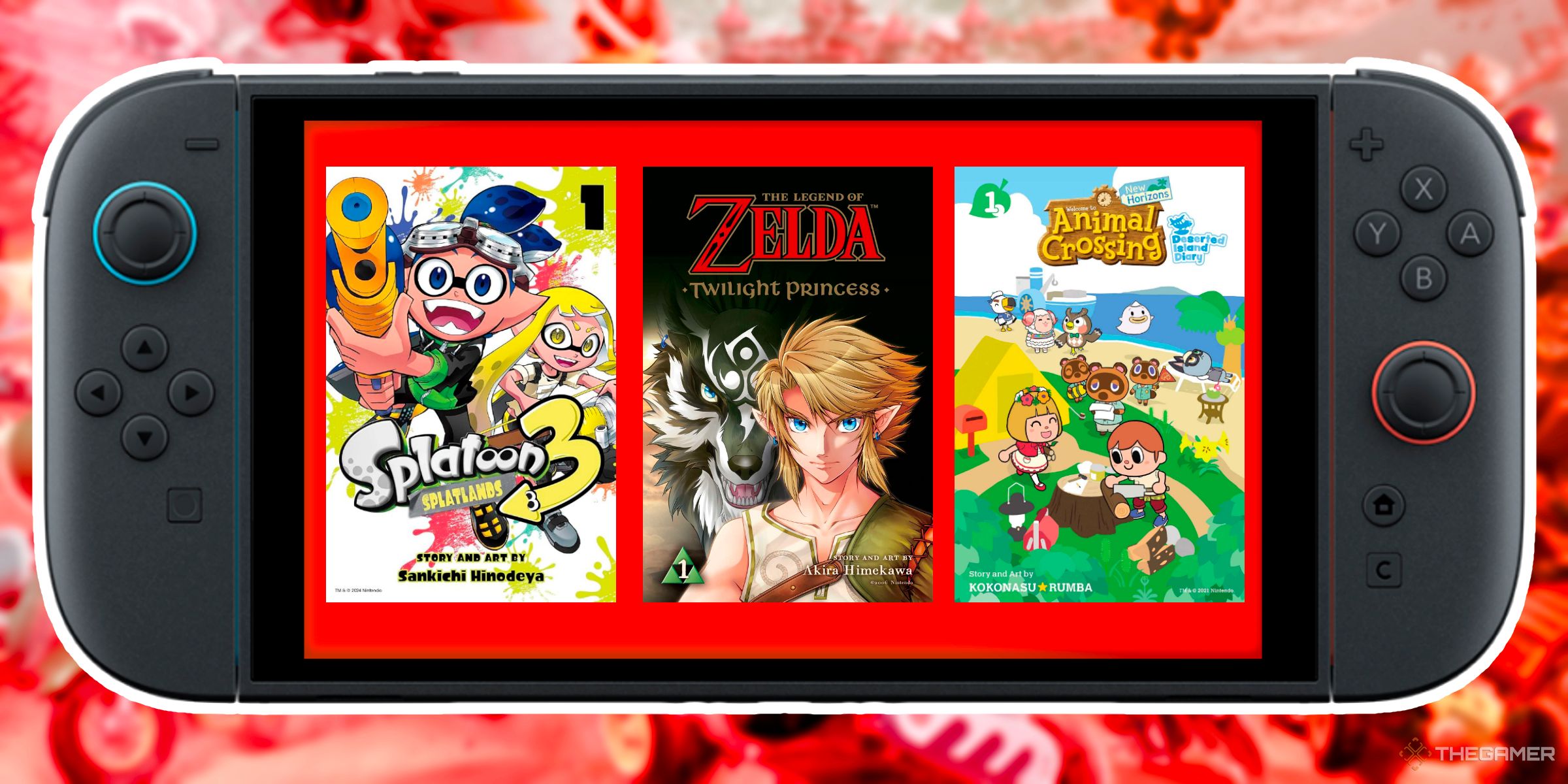 The cover art for the first English volumes of the Splatoon 3, The Legend of Zelda Twilight Princess and Animal Crossing New Horizons mangas inside of a Nintendo Switch 2.